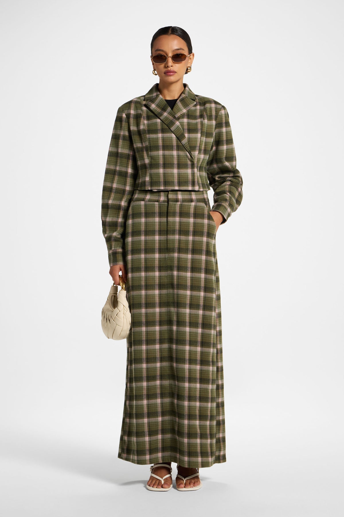 Brushed Plaid Cropped Jacket - Olive Rose