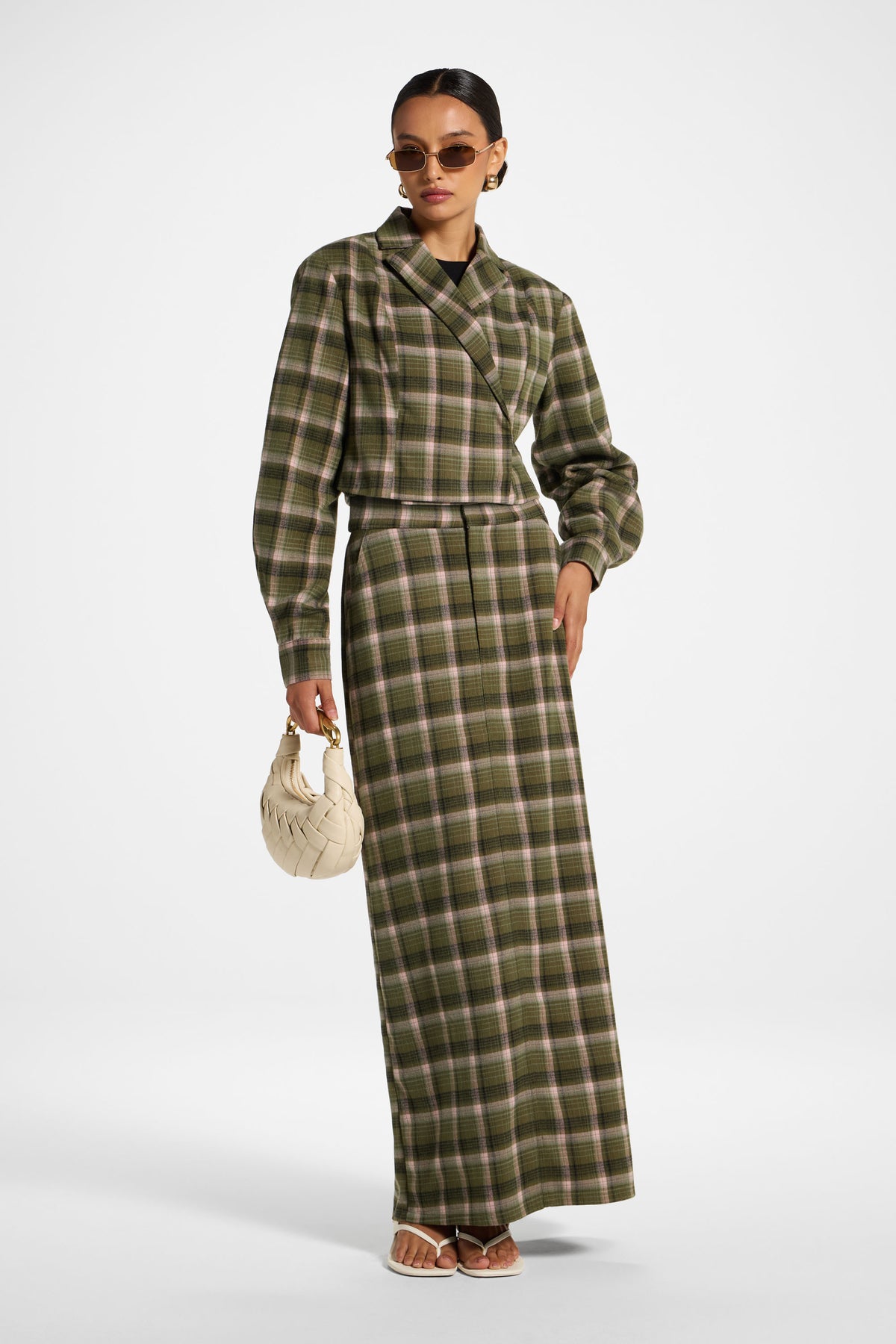 Brushed Plaid Cropped Jacket - Olive Rose