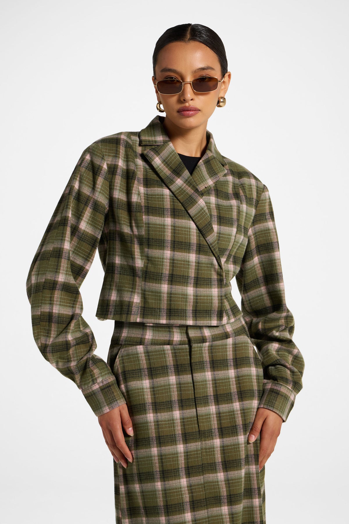 Brushed Plaid Cropped Jacket - Olive Rose
