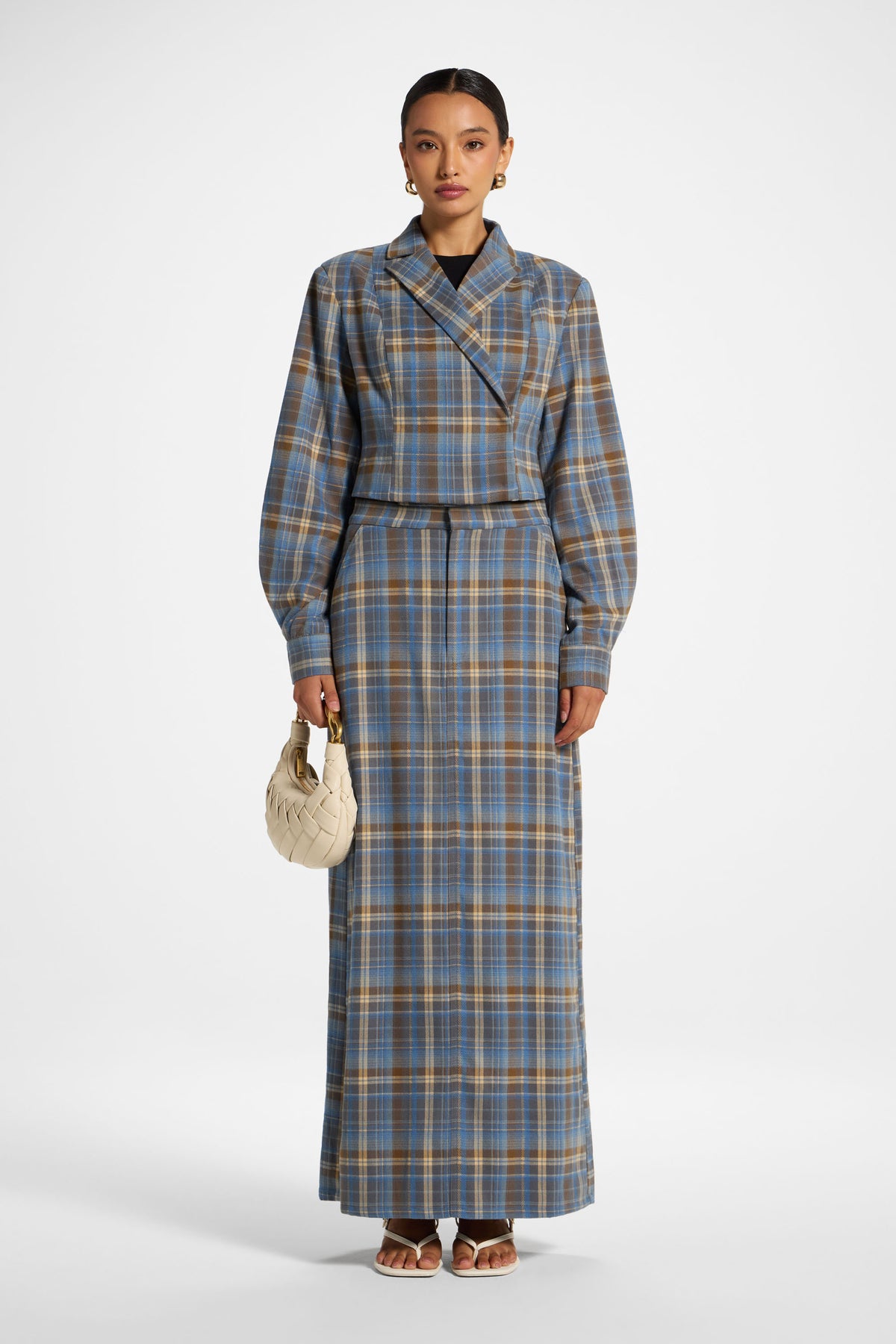 Brushed Plaid Cropped Jacket - Sky