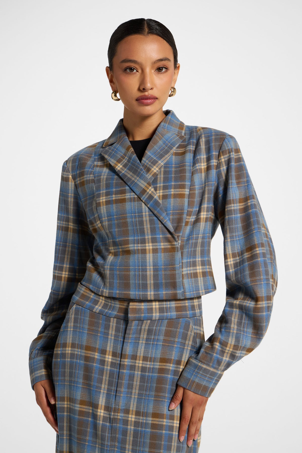 Brushed Plaid Cropped Jacket - Sky