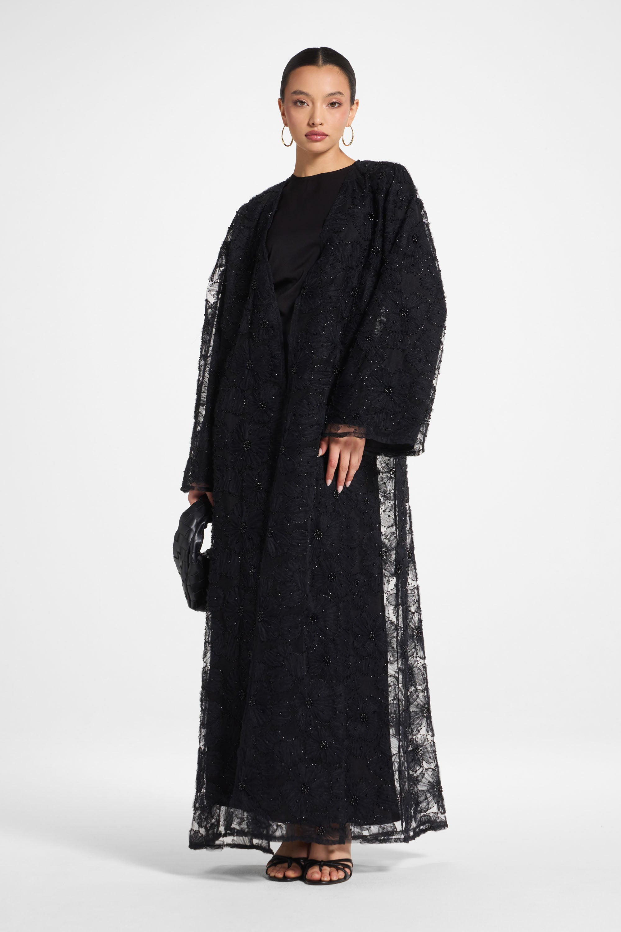 Floral Embellished Abaya & Dress Set - Black