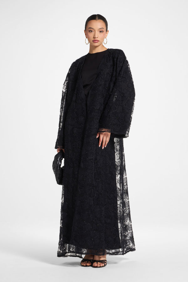 Floral Embellished Abaya & Dress Set - Black