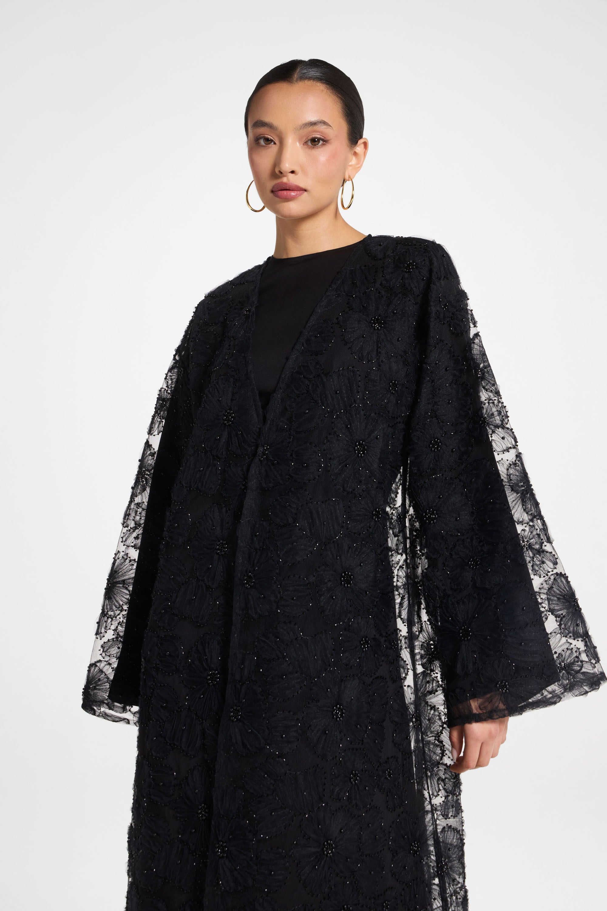 Floral Embellished Abaya & Dress Set - Black