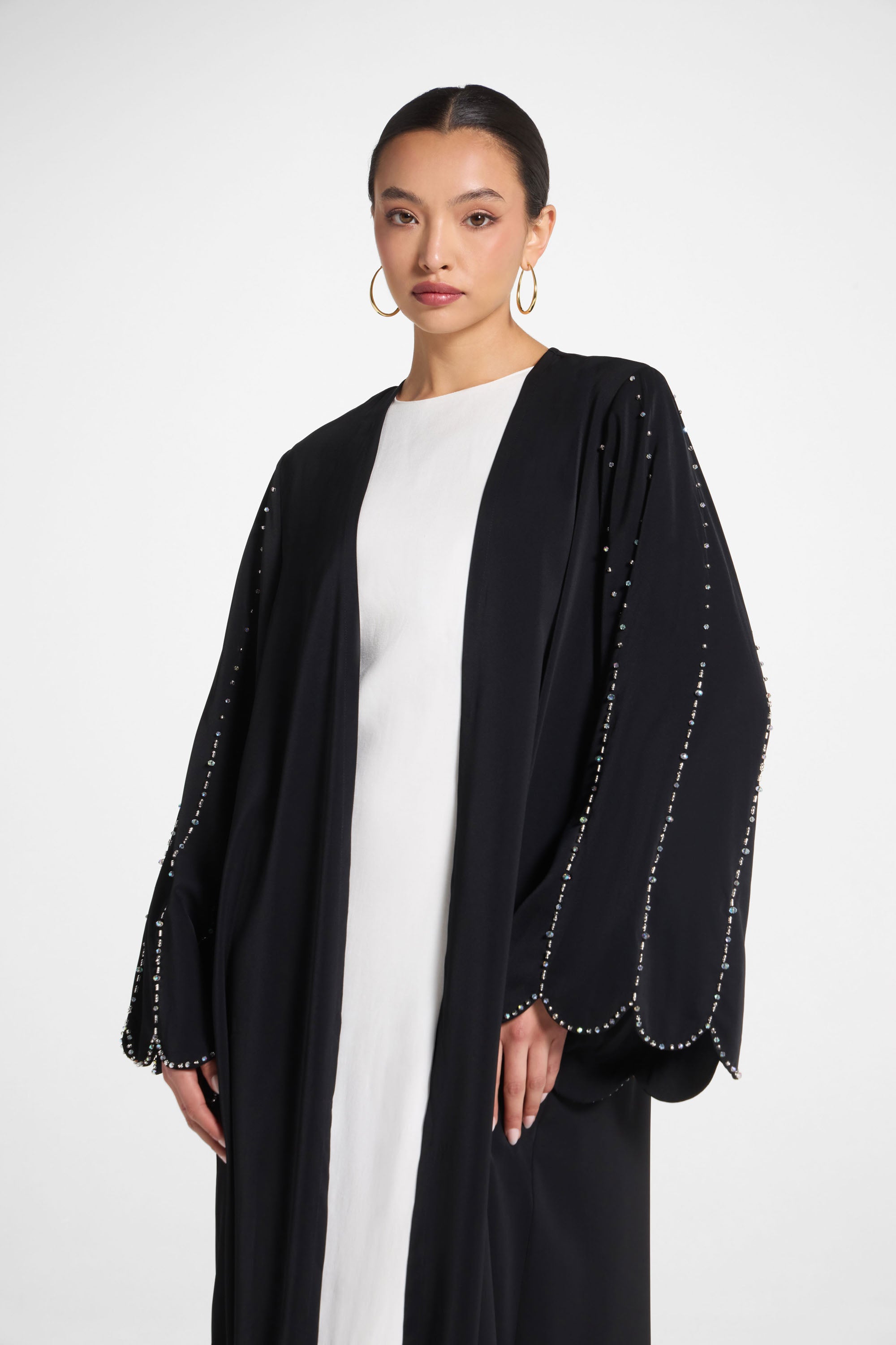 Nada Embellished Open Abaya - Black
