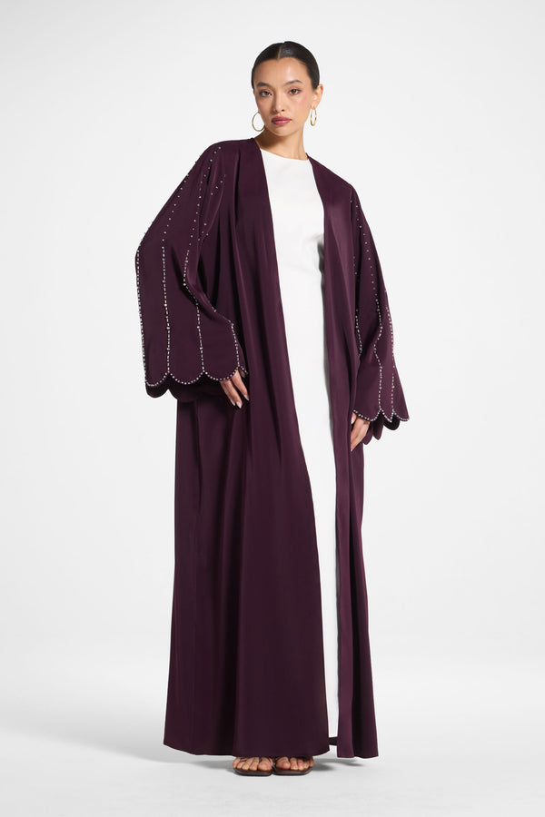 Nada Embellished Open Abaya - Chocolate Plum