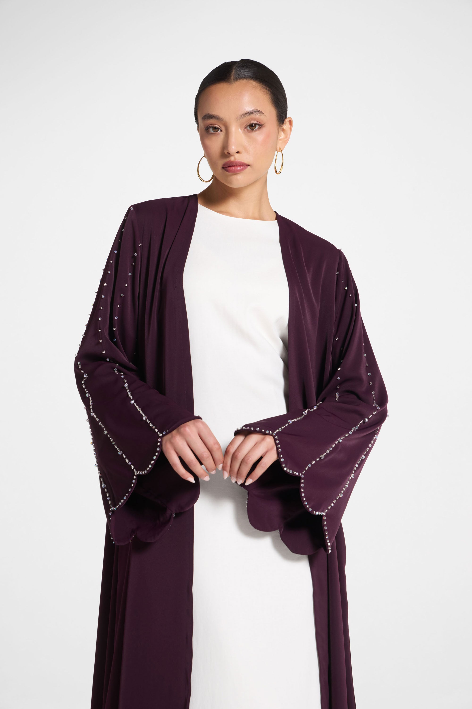 Nada Embellished Open Abaya - Chocolate Plum