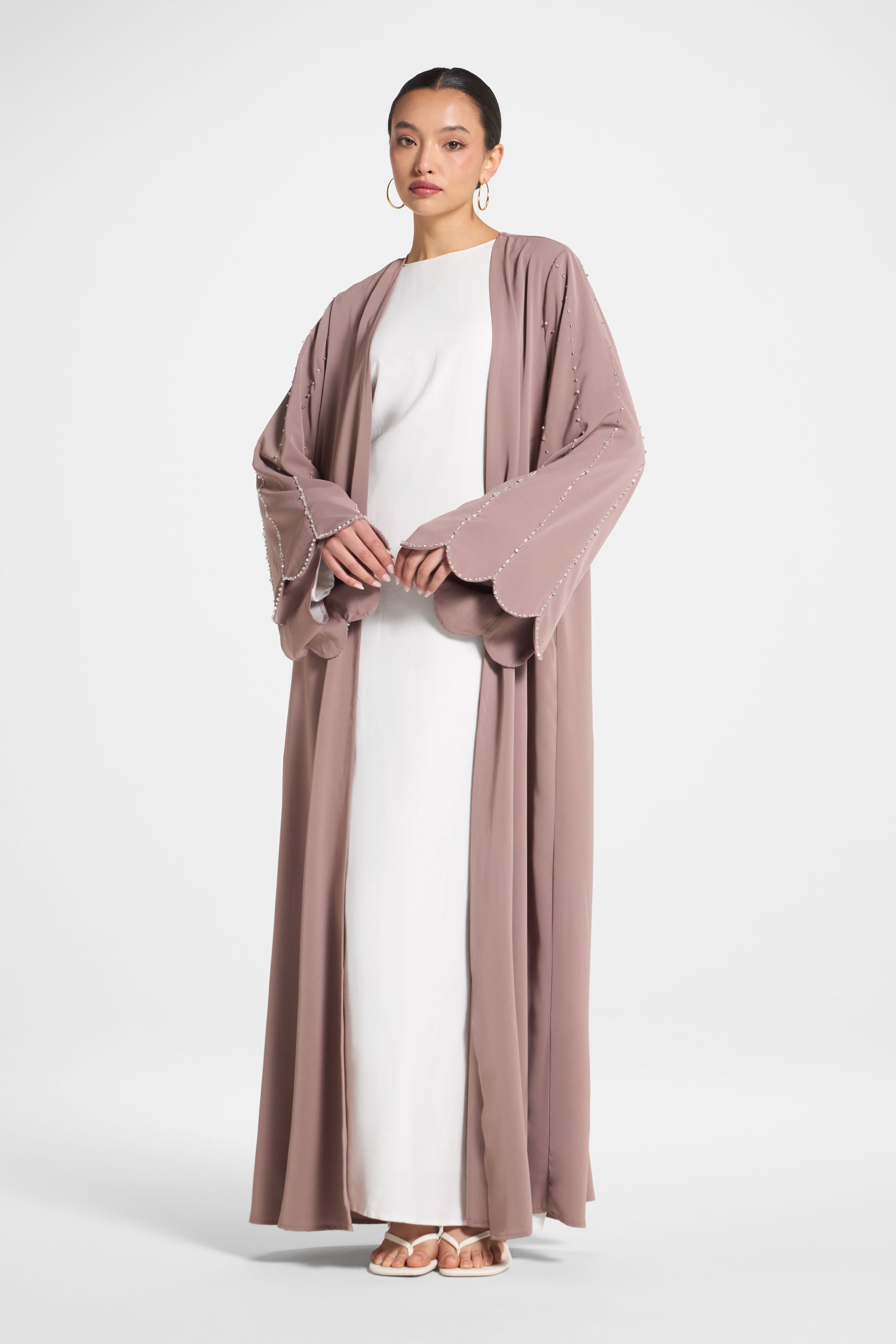 Nada Embellished Open Abaya - Taupe