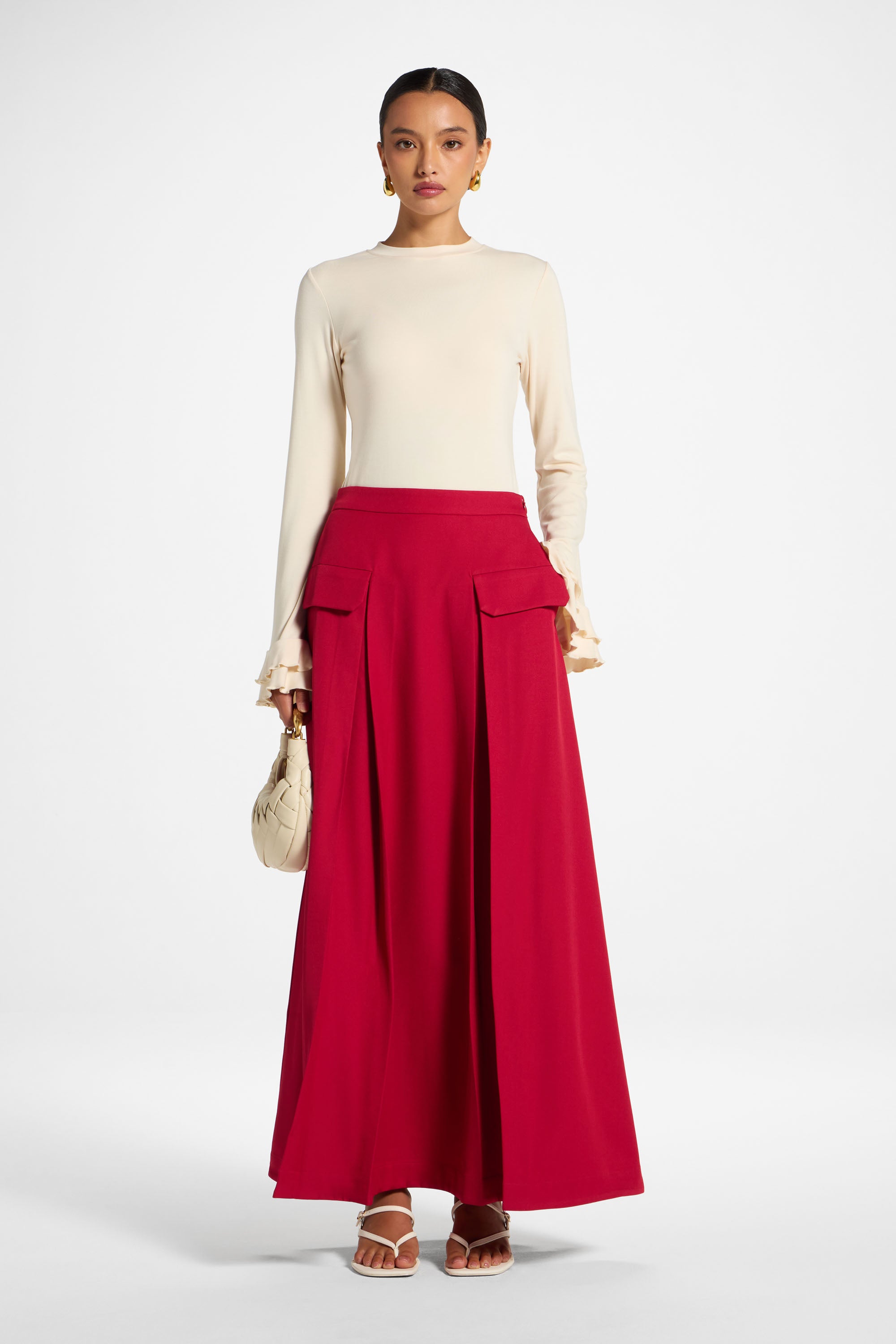 Pleated Maxi Skirt - Cherry