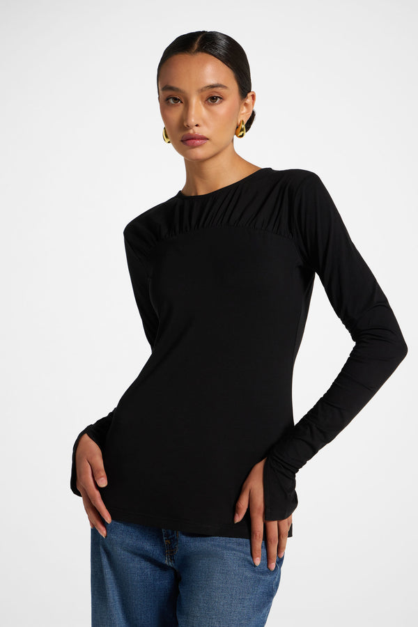 Ruched Sleeve Top - Black
