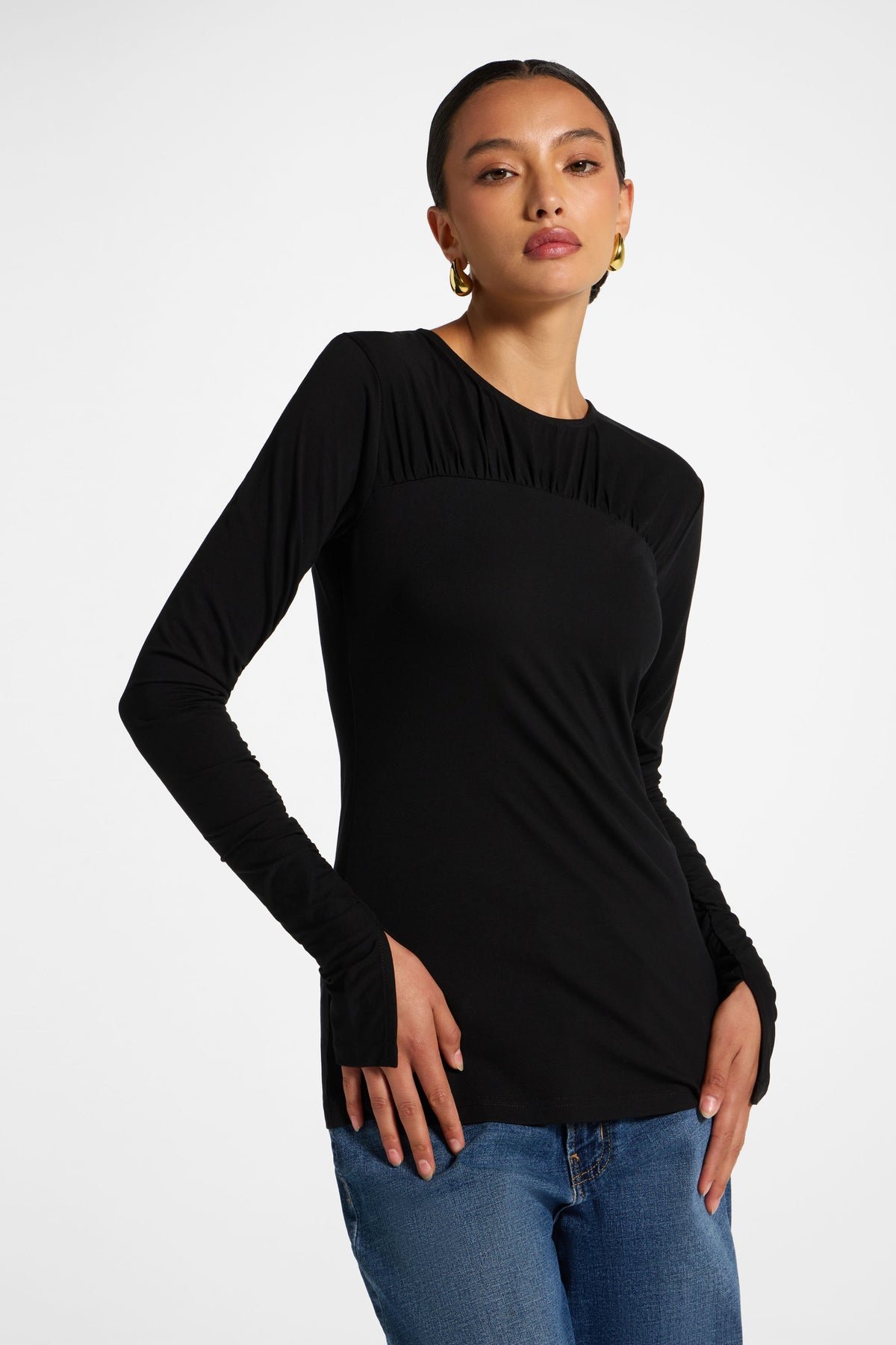 Ruched Sleeve Top - Black