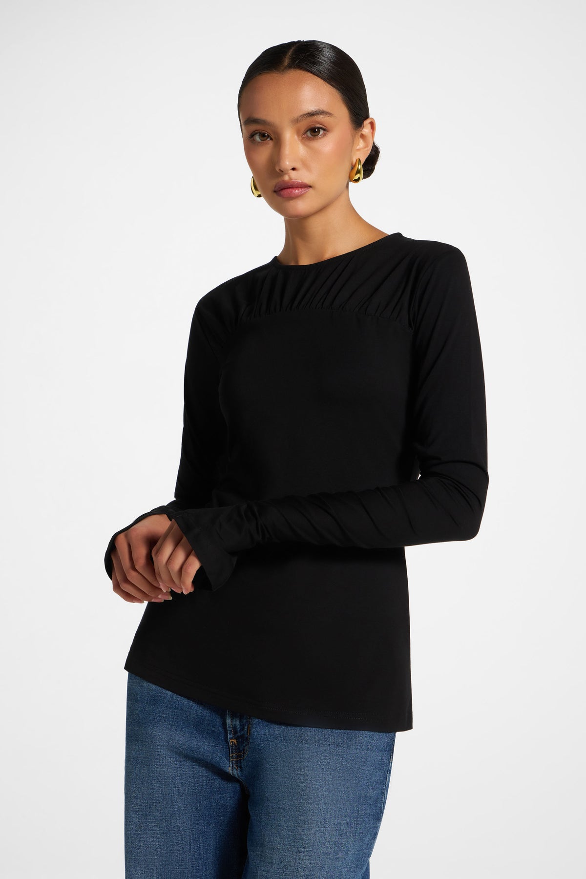 Ruched Sleeve Top - Black