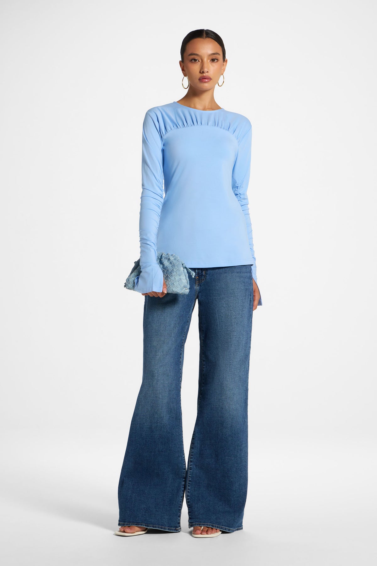 Ruched Sleeve Top - Sky