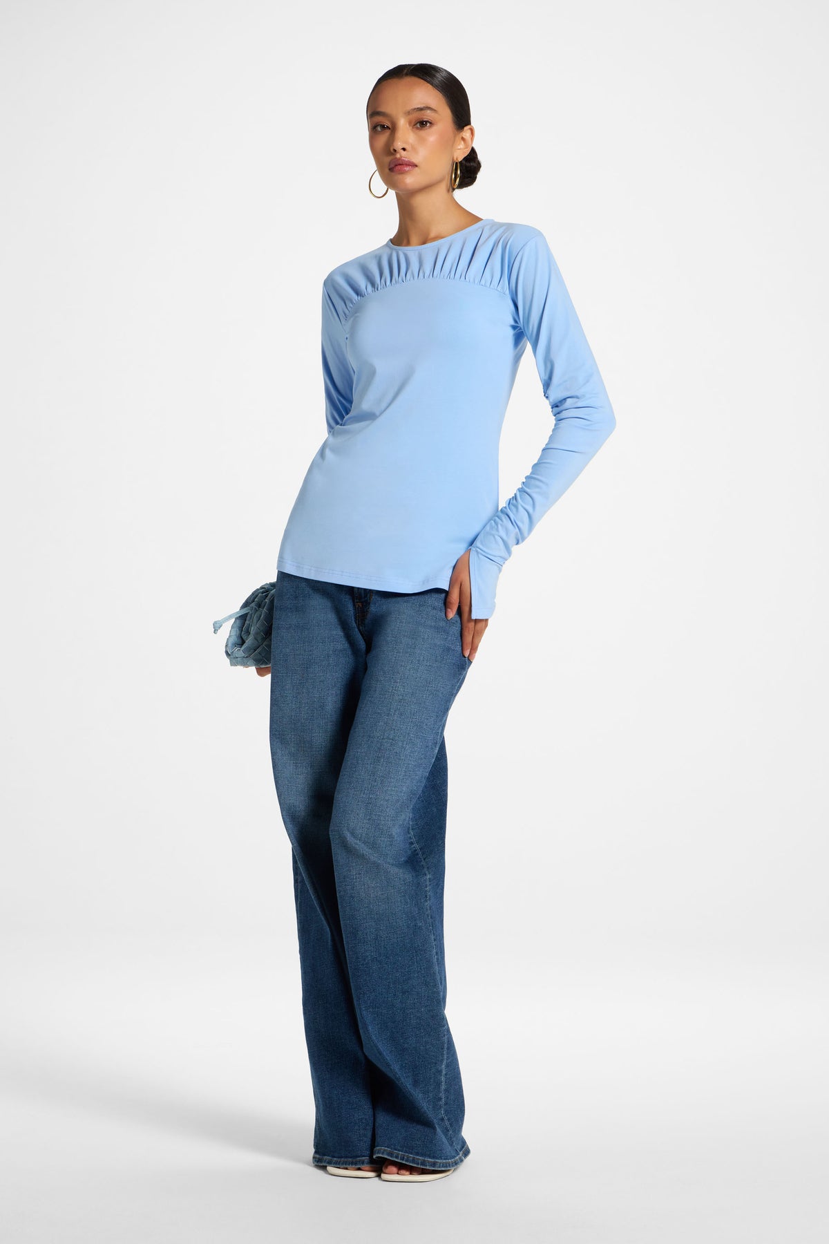 Ruched Sleeve Top - Sky