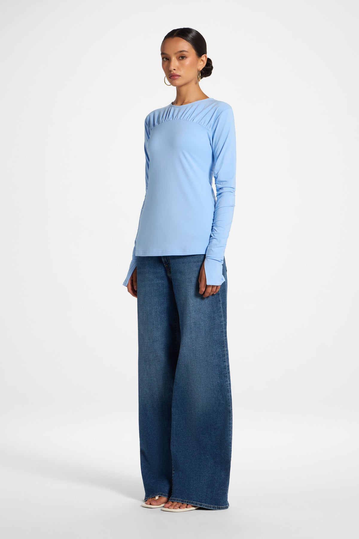 Ruched Sleeve Top - Sky