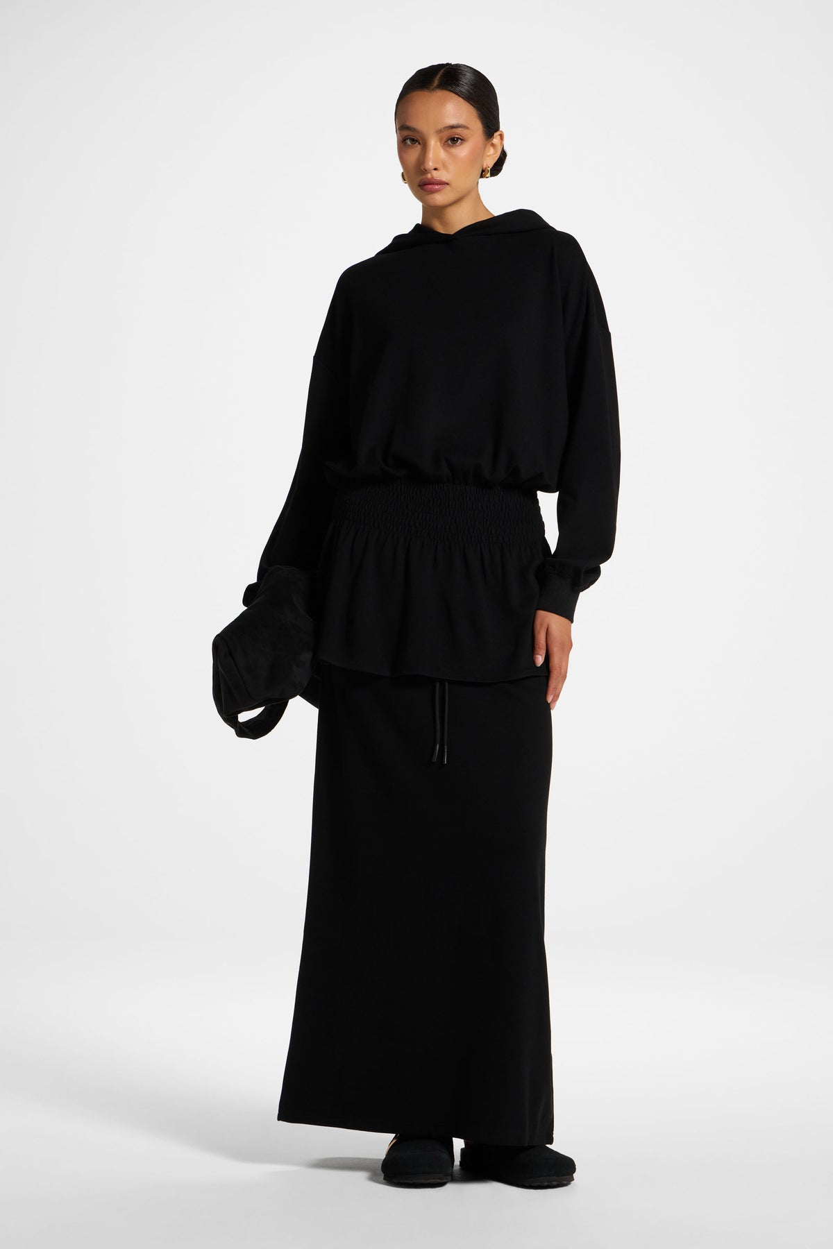 Smocked Cotton Hoodie - Black