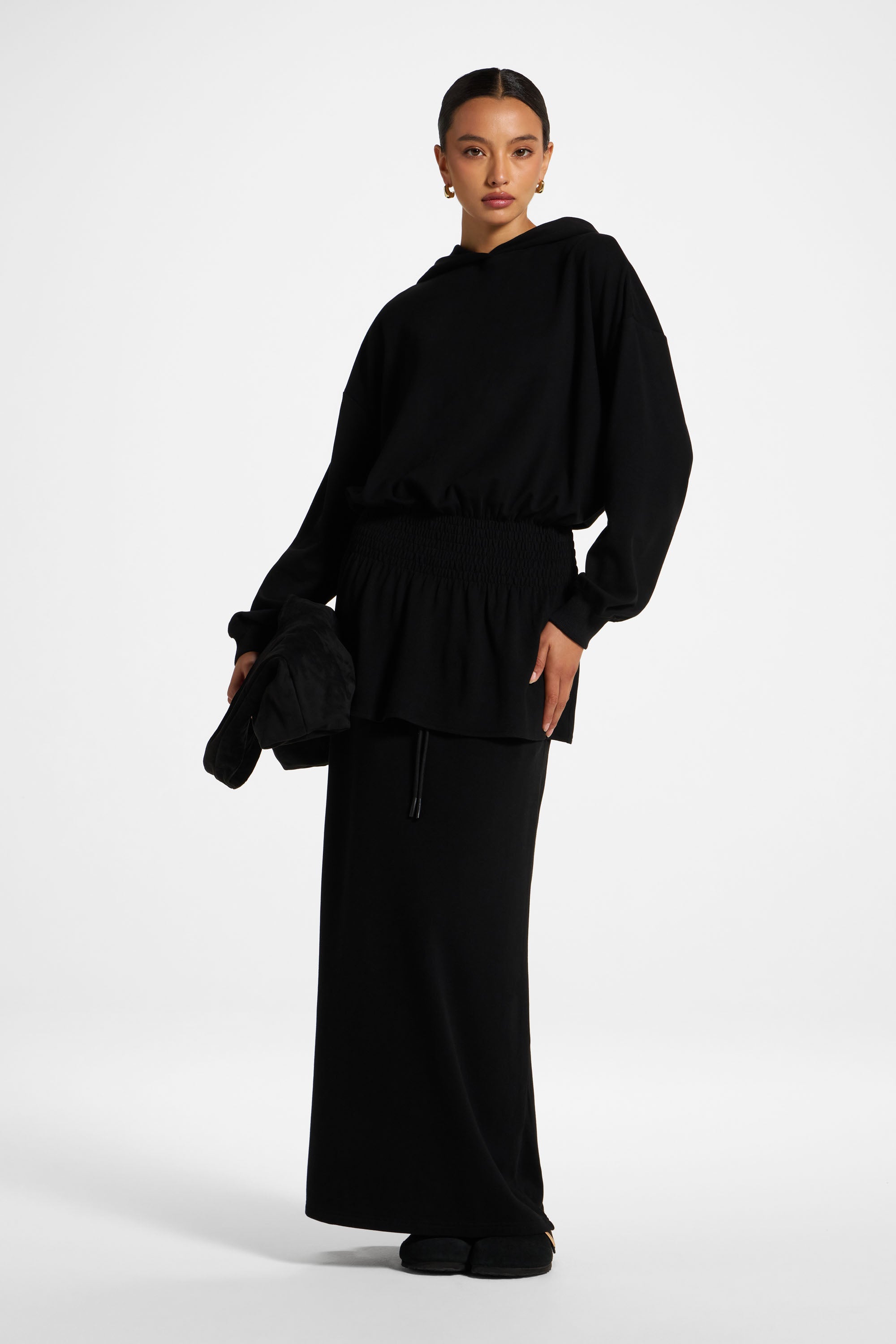 Smocked Cotton Hoodie - Black