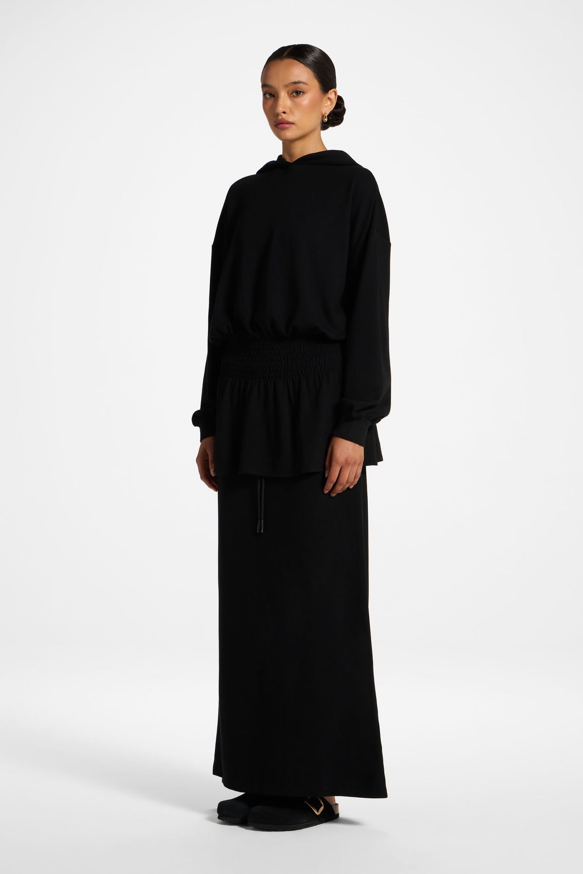 Smocked Cotton Hoodie - Black