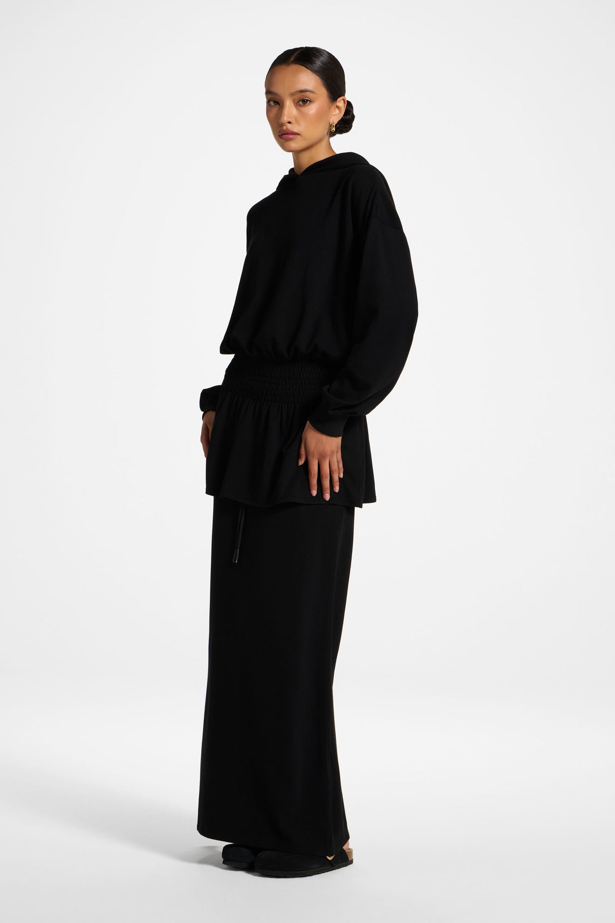 Smocked Cotton Hoodie - Black