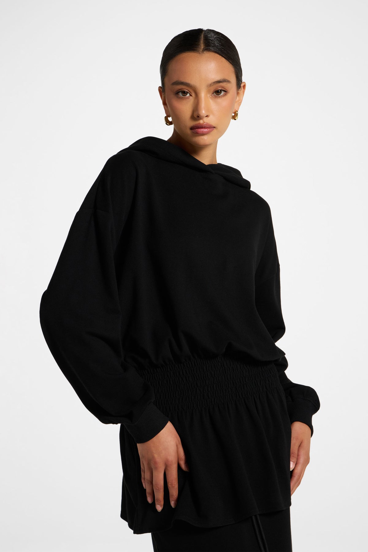 Smocked Cotton Hoodie - Black