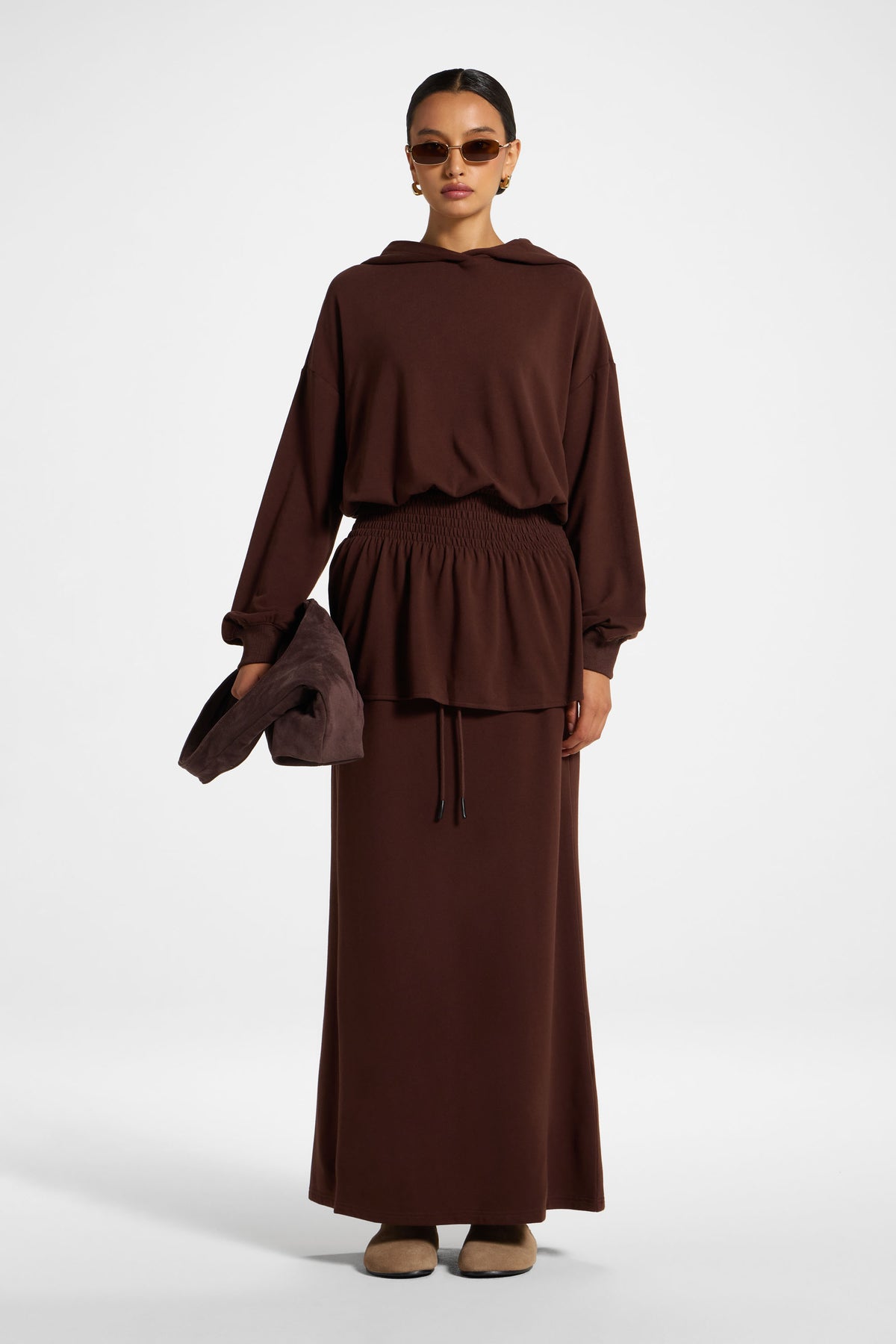 Smocked Cotton Hoodie - Chocolate