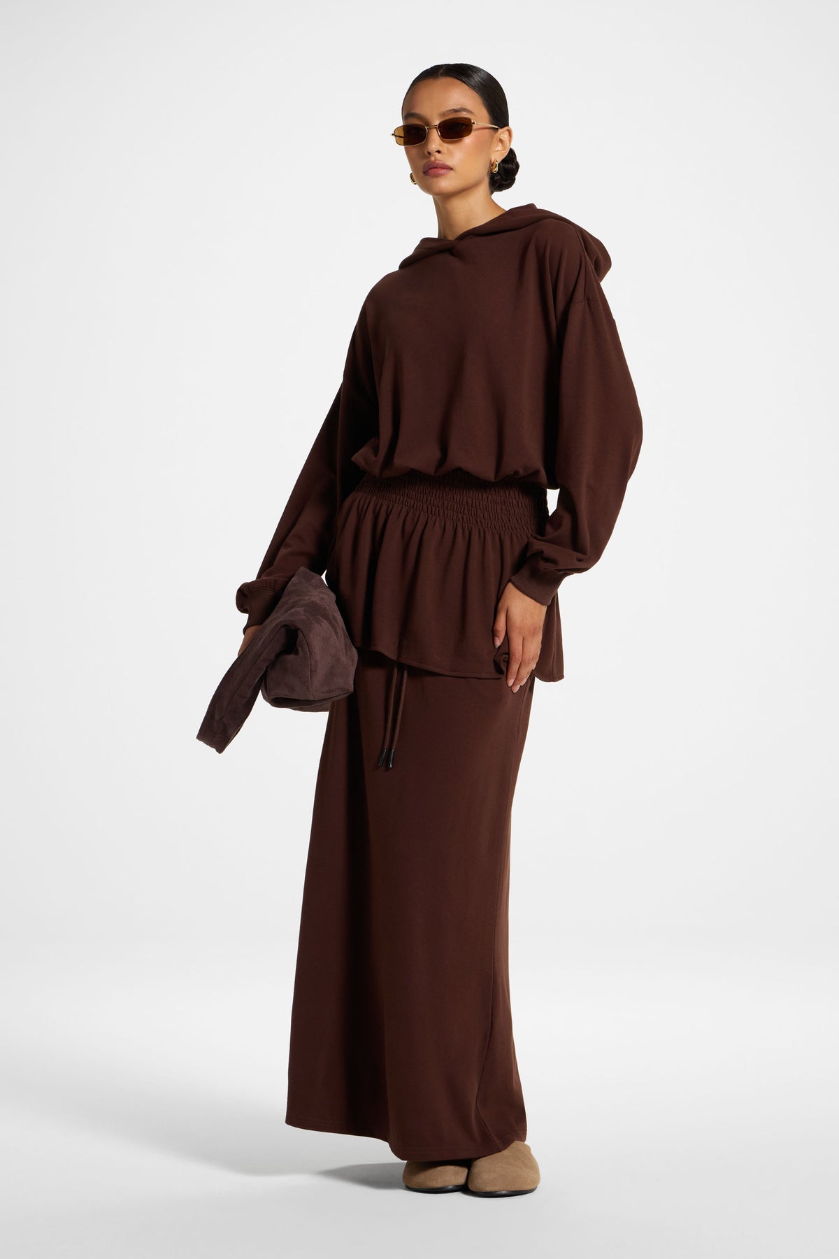 Smocked Cotton Hoodie - Chocolate