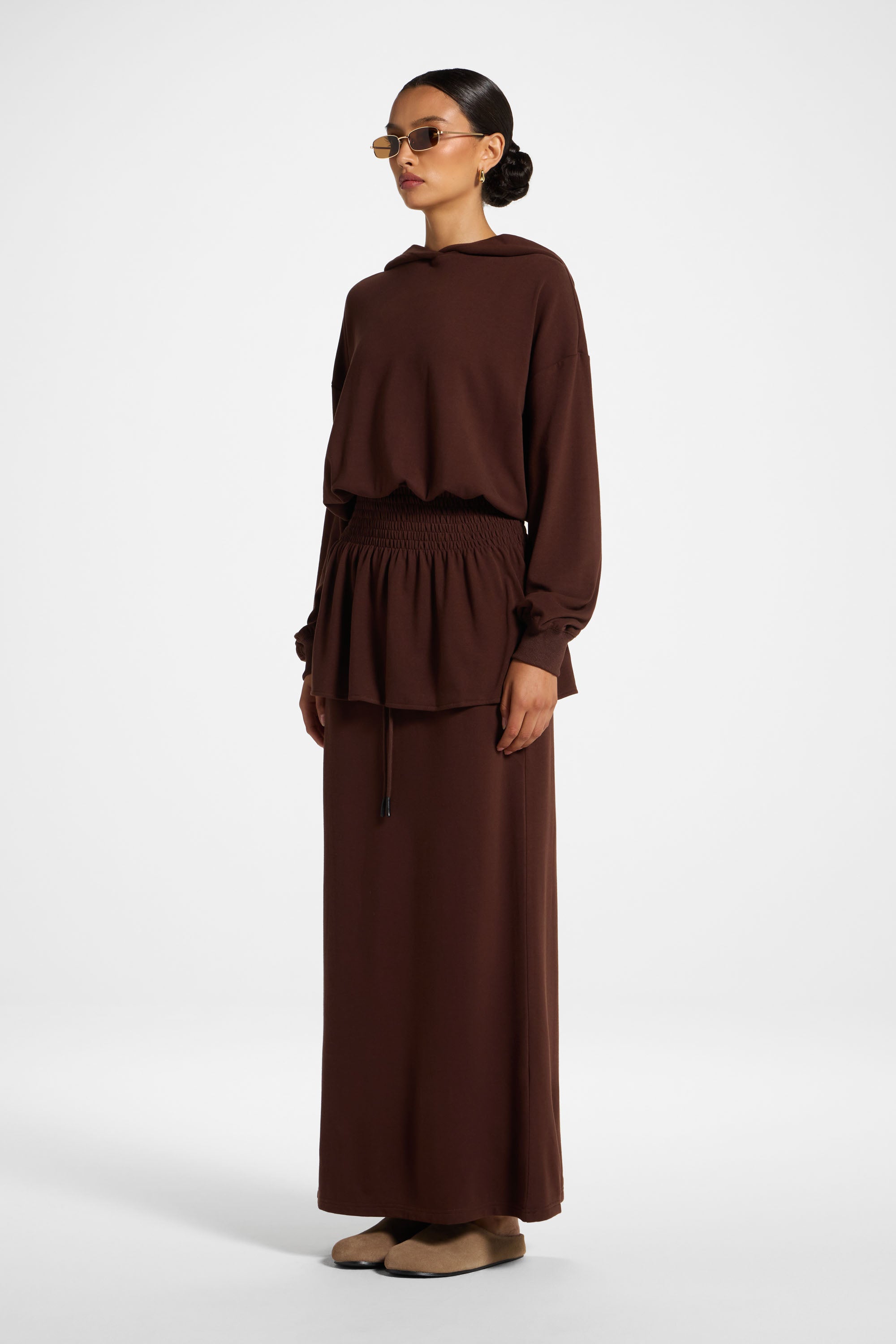 Smocked Cotton Hoodie - Chocolate
