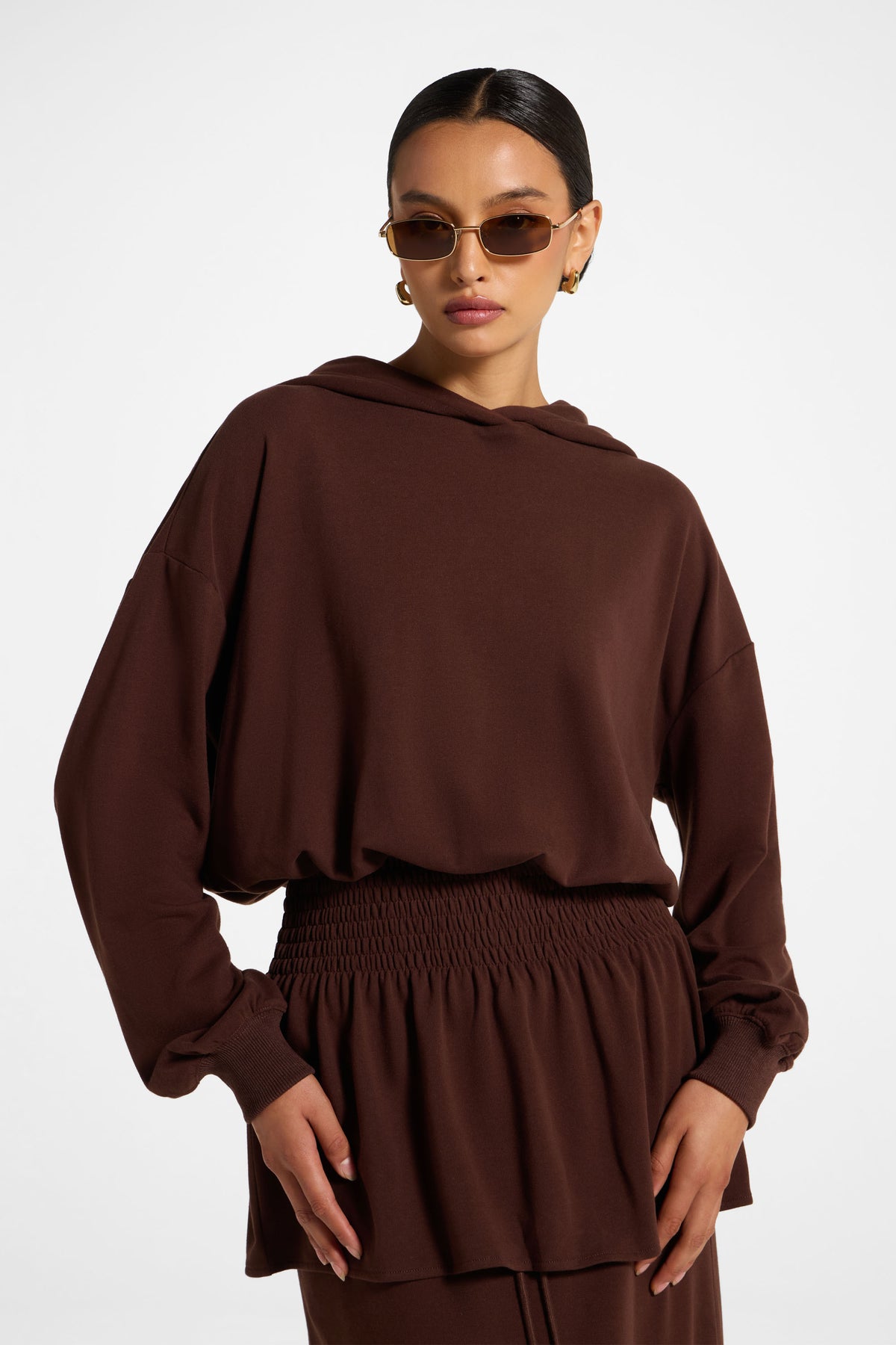 Smocked Cotton Hoodie - Chocolate