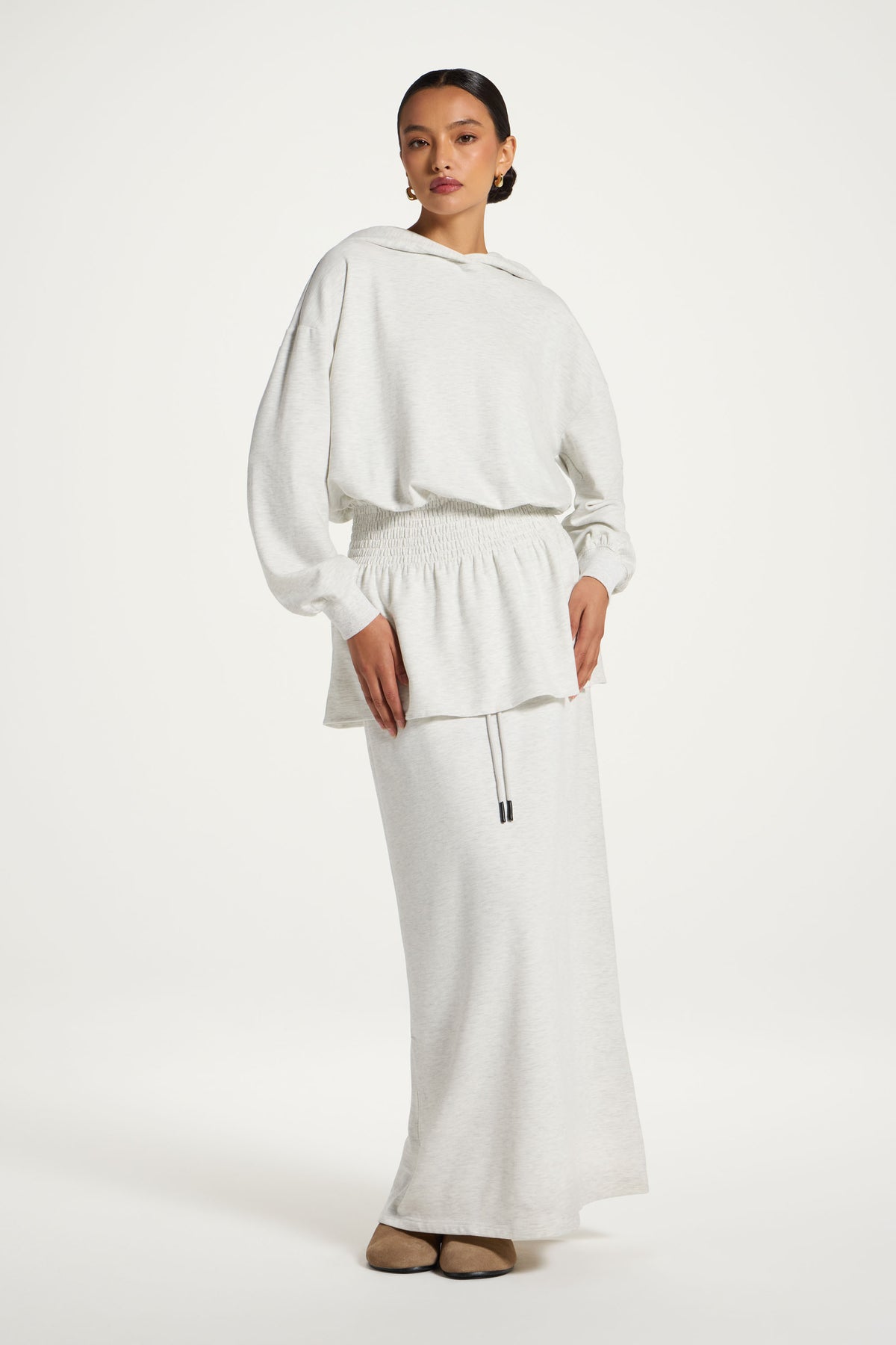 Smocked Cotton Hoodie - Light Heather
