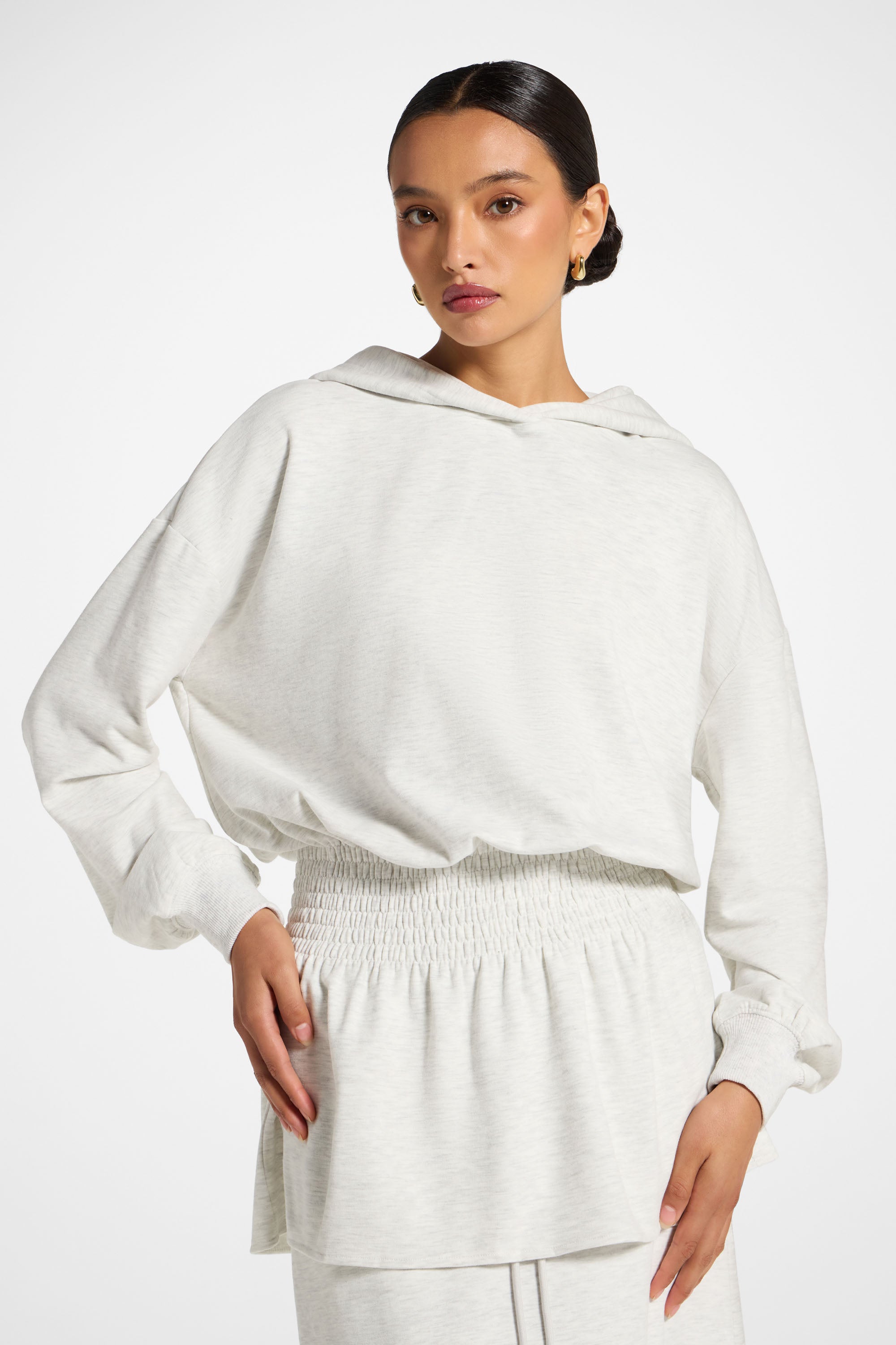 Smocked Cotton Hoodie - Light Heather