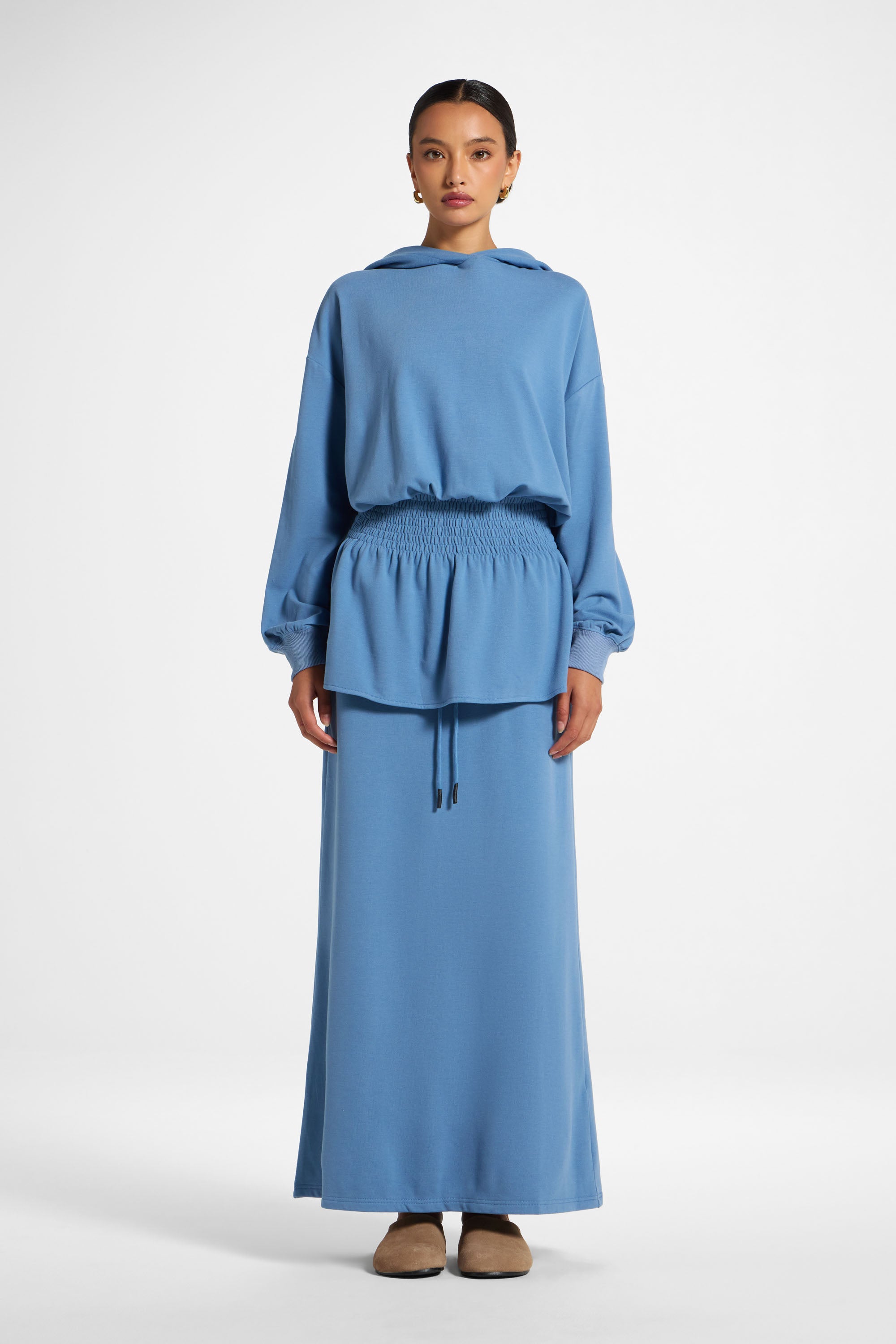 Smocked Cotton Hoodie - Sky