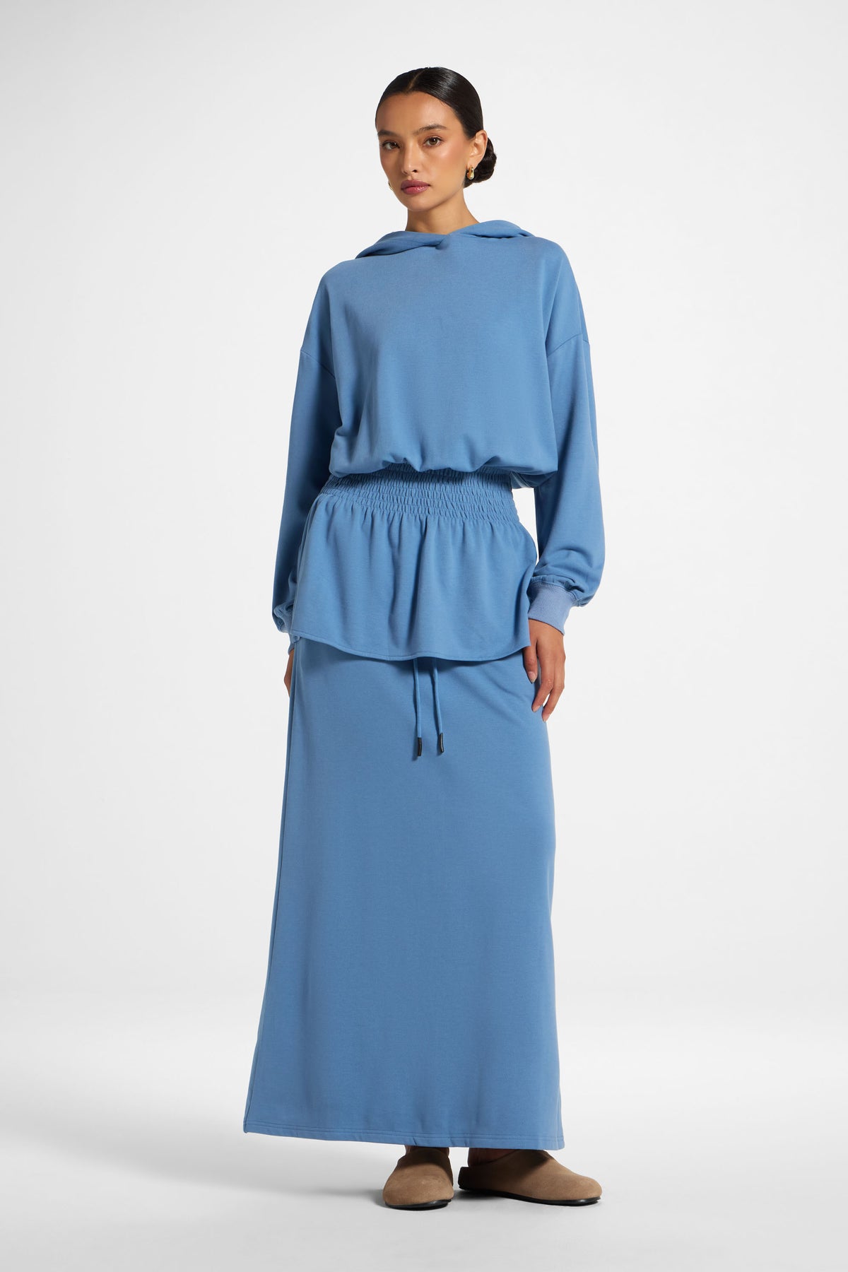 Smocked Cotton Hoodie - Sky