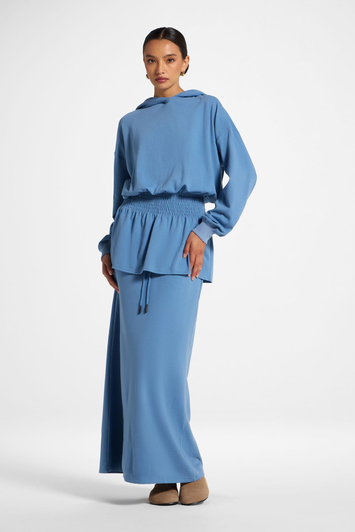 Smocked Cotton Hoodie - Sky