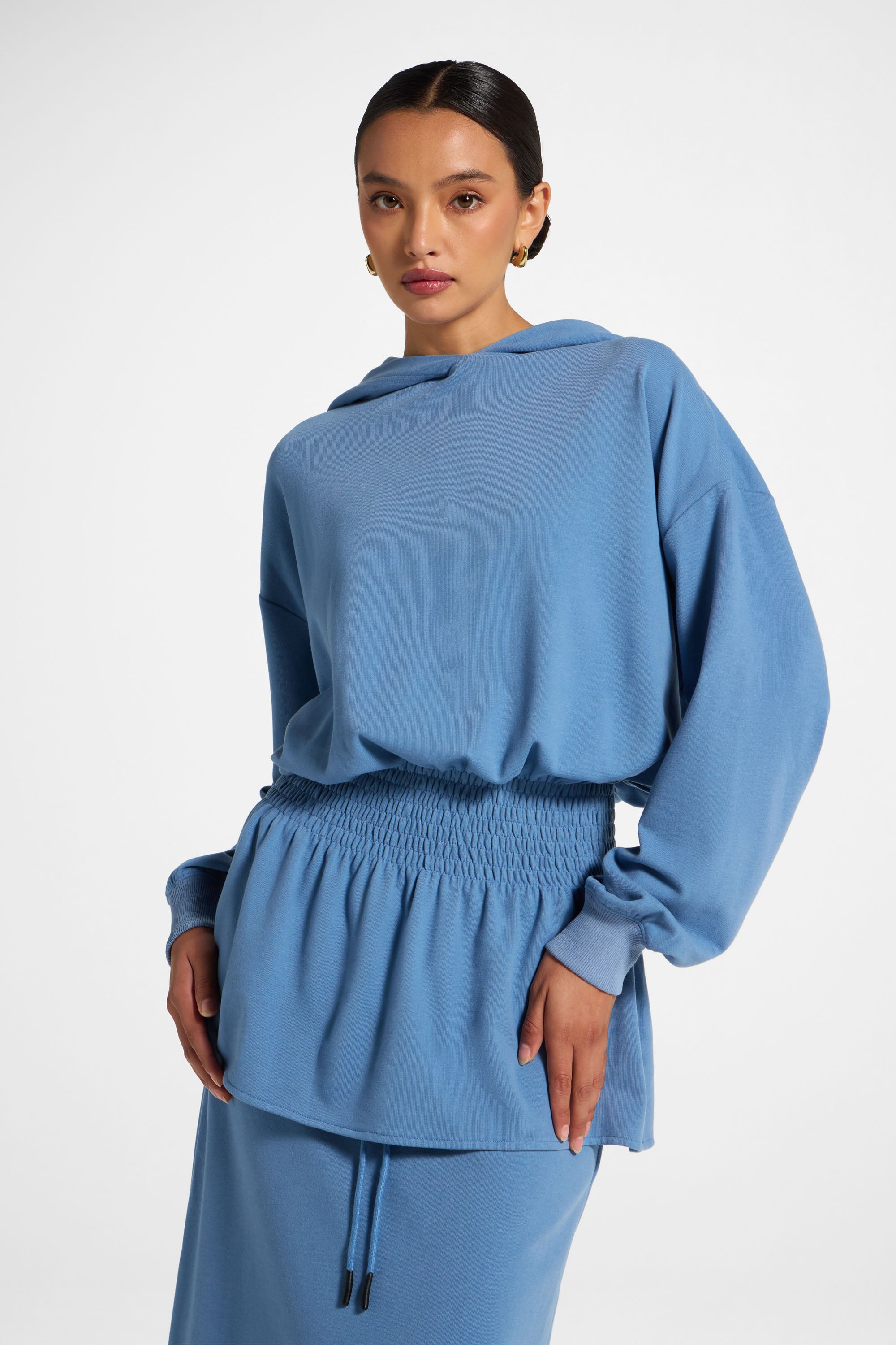 Smocked Cotton Hoodie - Sky