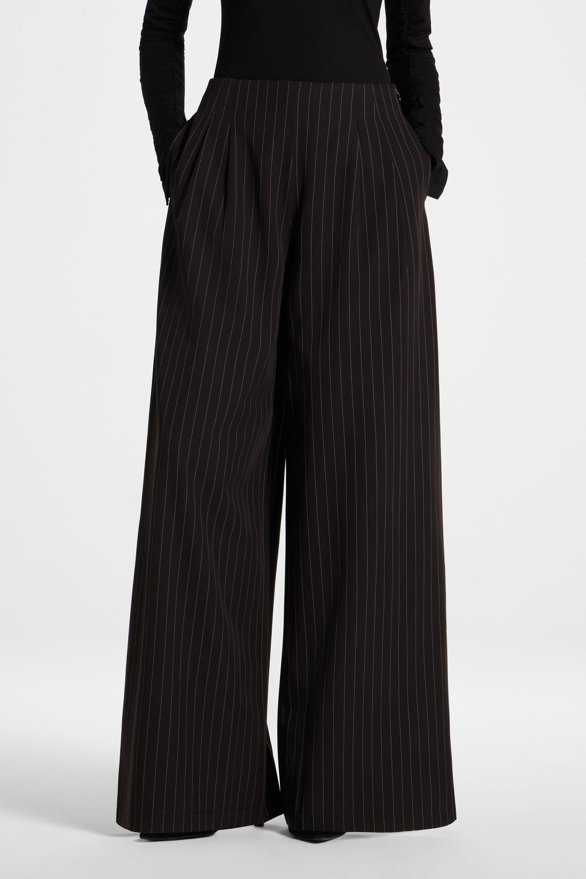 Stripe Pleat Wide Leg Pant - Black