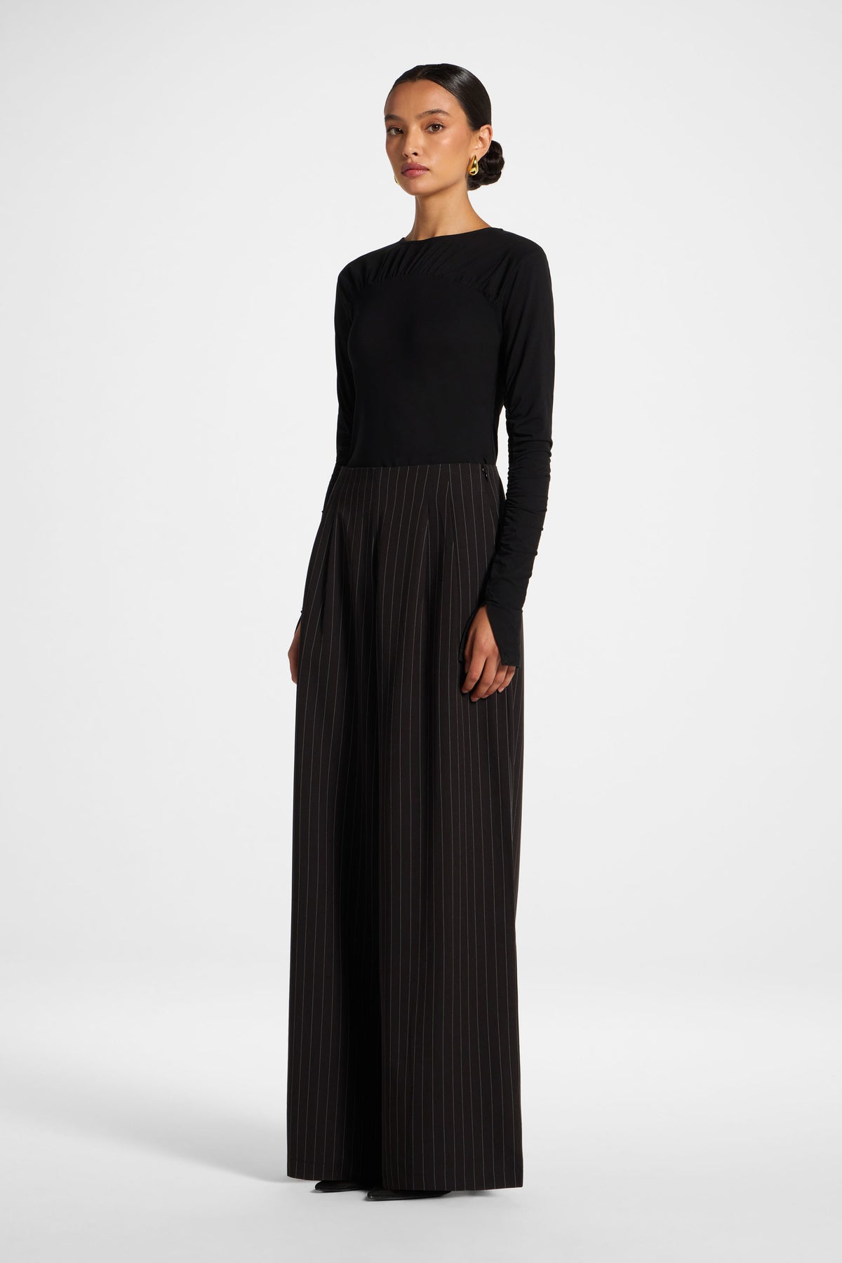 Stripe Pleat Wide Leg Pant - Black