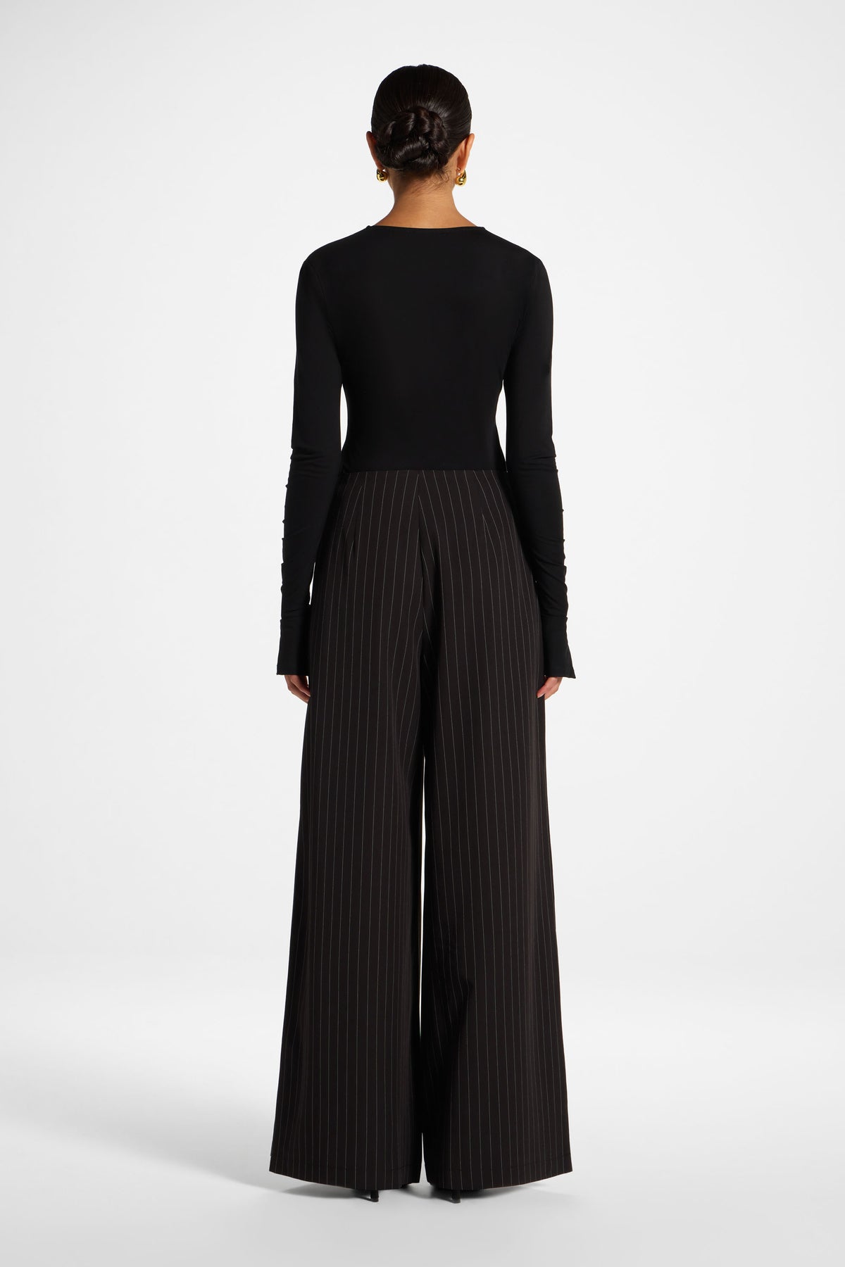 Stripe Pleat Wide Leg Pant - Black
