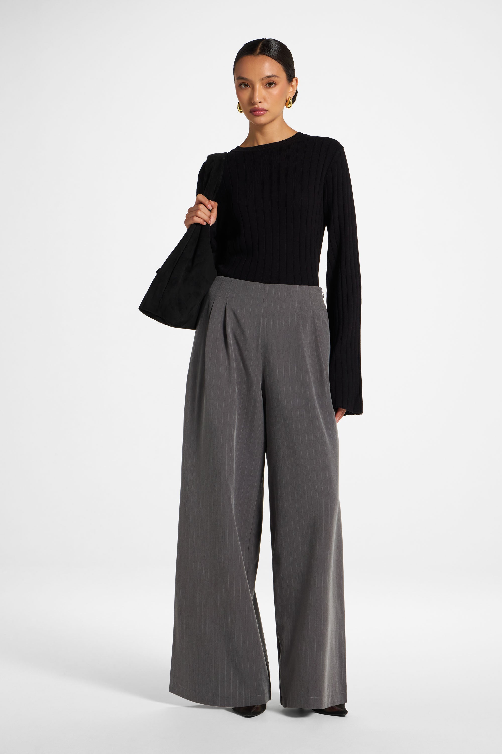Stripe Pleat Wide Leg Pant - Charcoal
