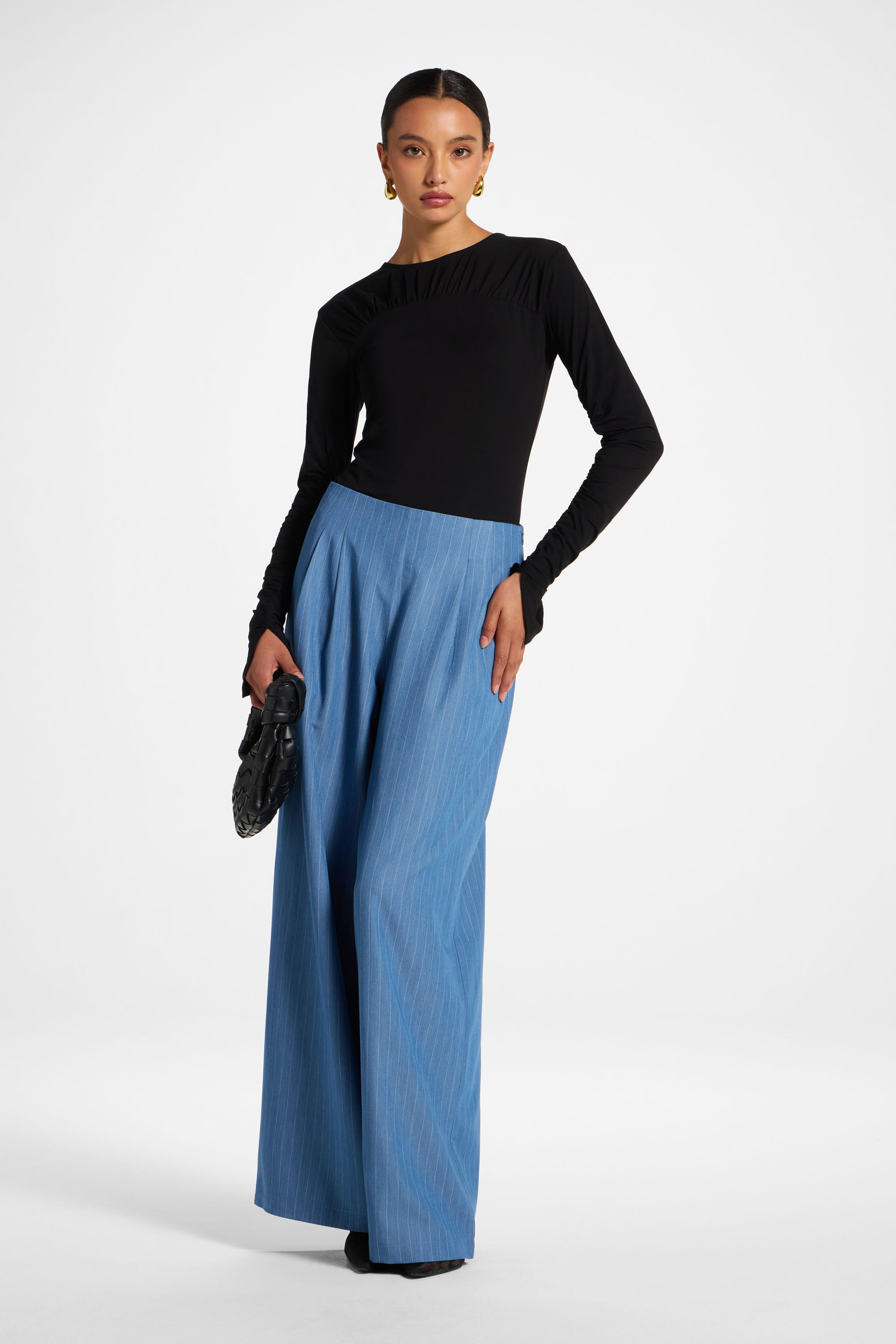 Stripe Pleat Wide Leg Pant - Denim
