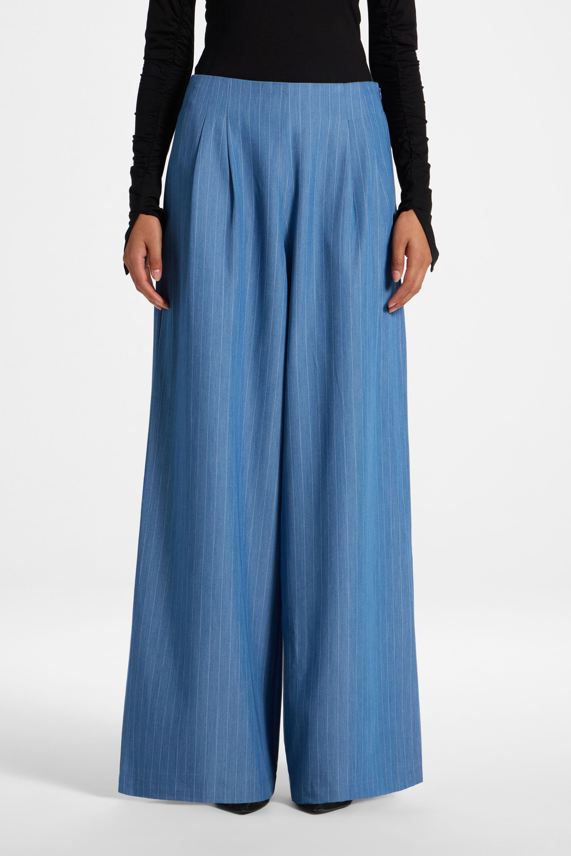 Stripe Pleat Wide Leg Pant - Denim
