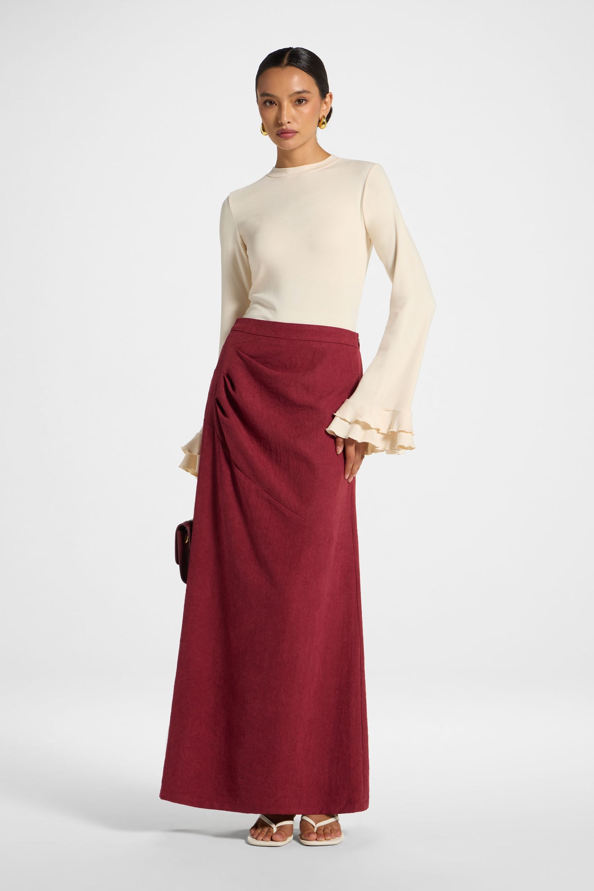 Suede Side Pleat Skirt - Dark Cherry