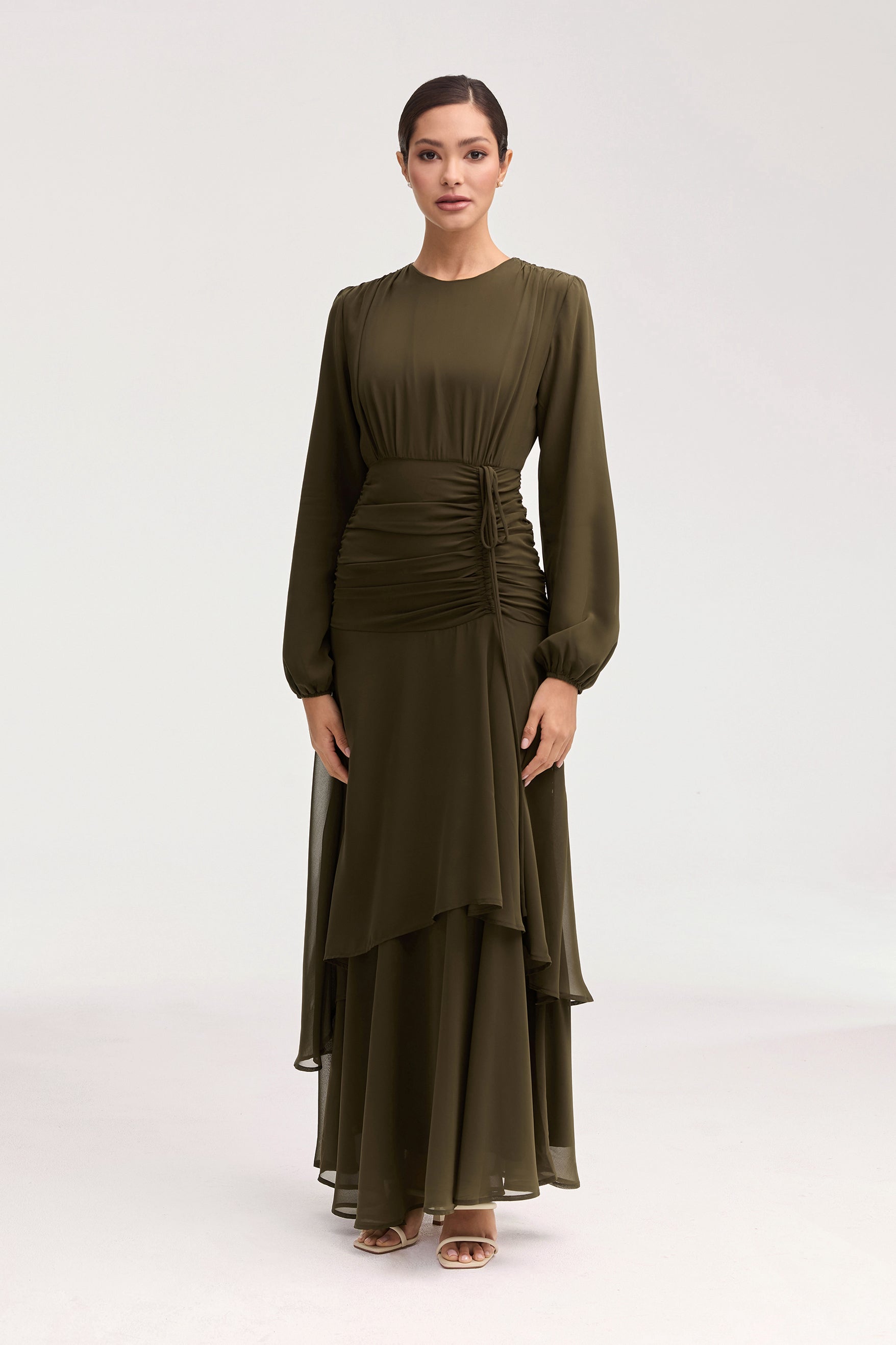 Narjis Side Rouched Maxi Dress - Olive