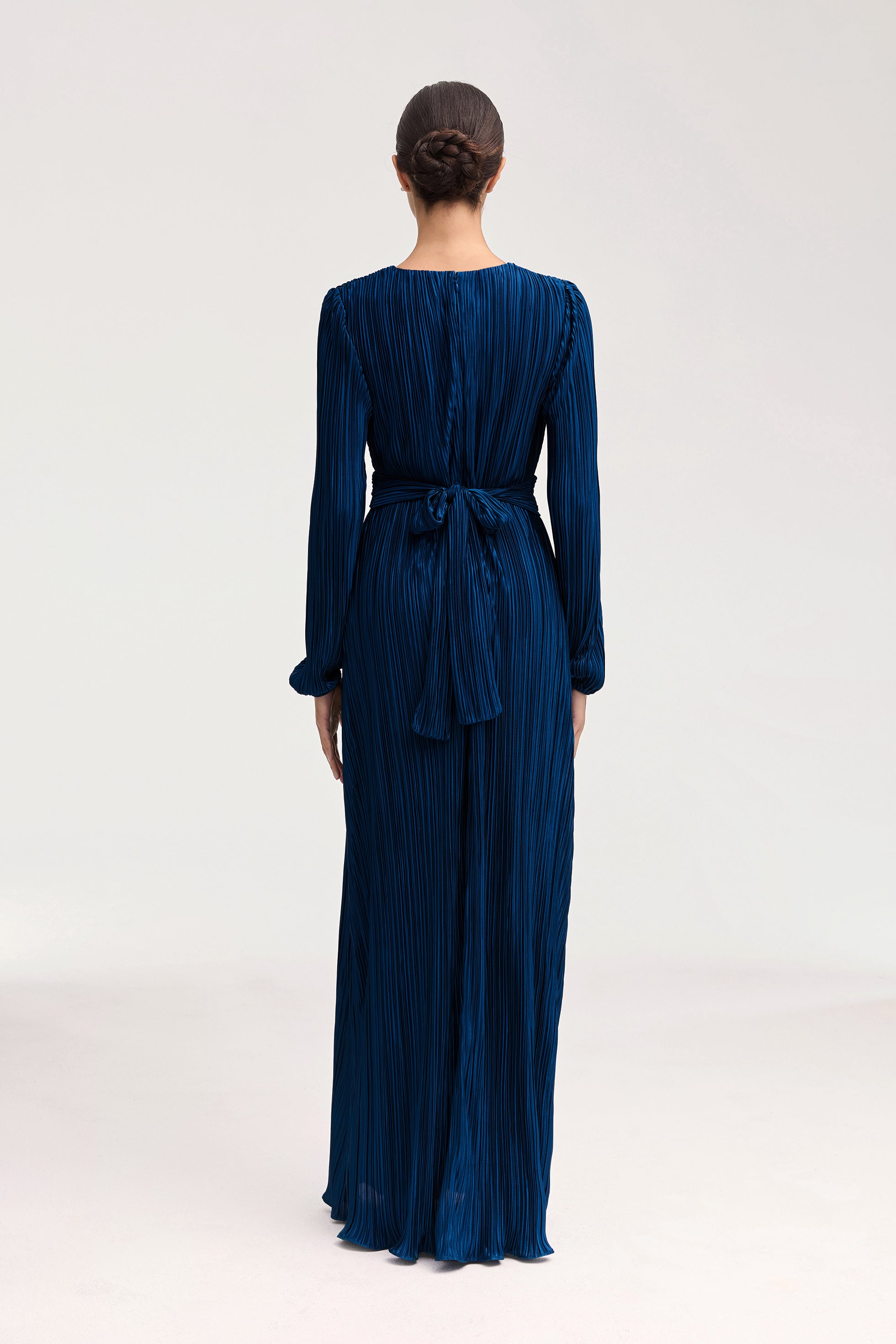 Samara Satin Plisse Wrap Waist Maxi Dress - Lapis Blue