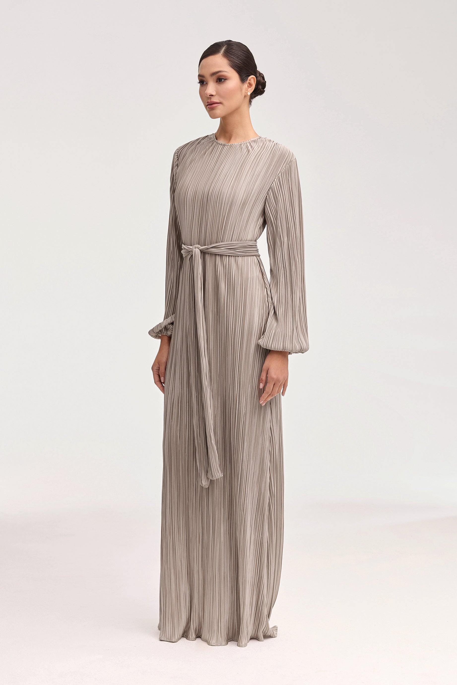 Stacey Satin Plisse Maxi Dress - Taupe