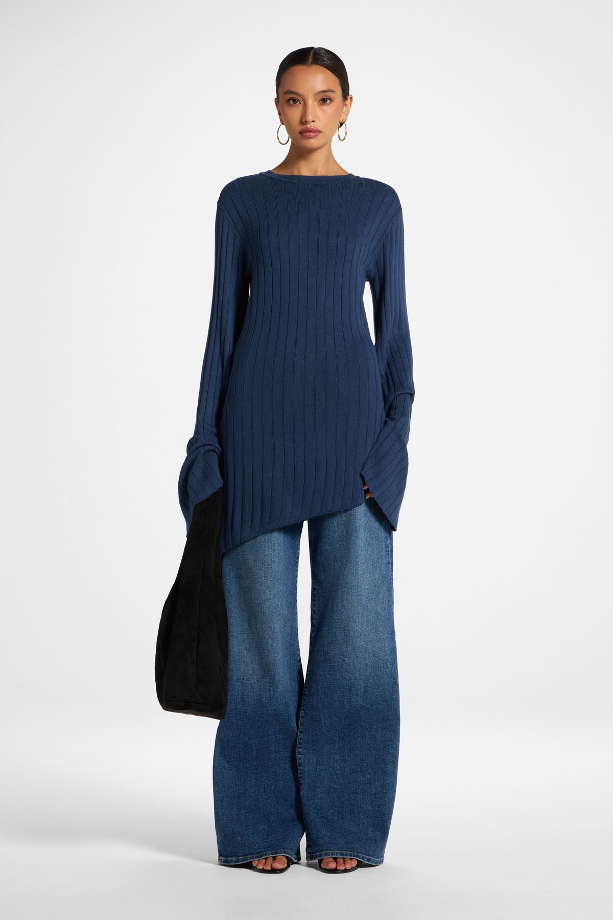 Viscose Rib Knit Tie Back Top - Deep Denim