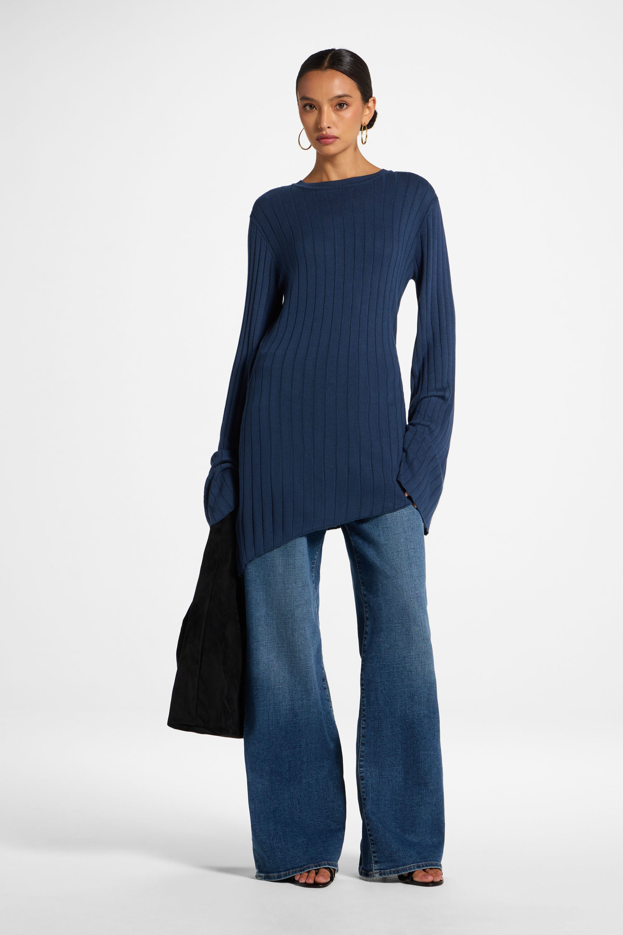 Viscose Rib Knit Tie Back Top - Deep Denim