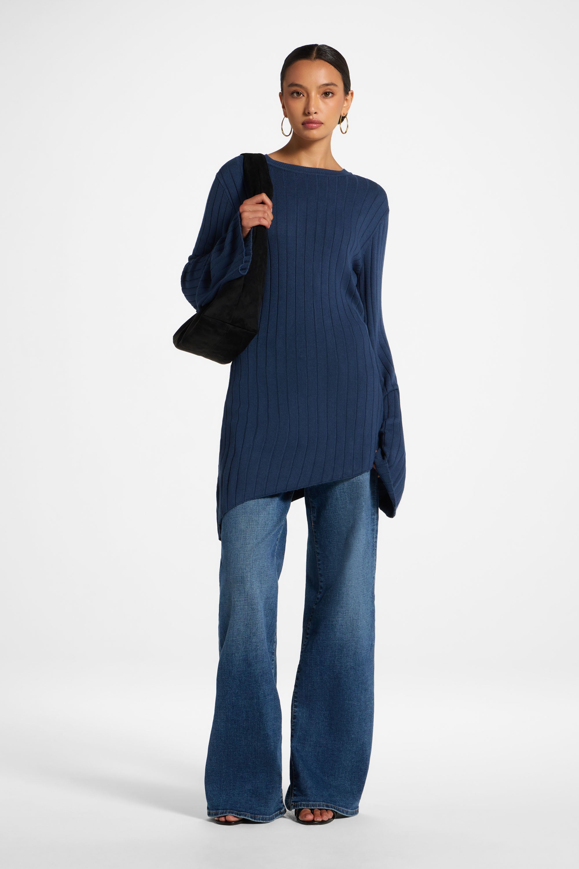 Viscose Rib Knit Tie Back Top - Deep Denim