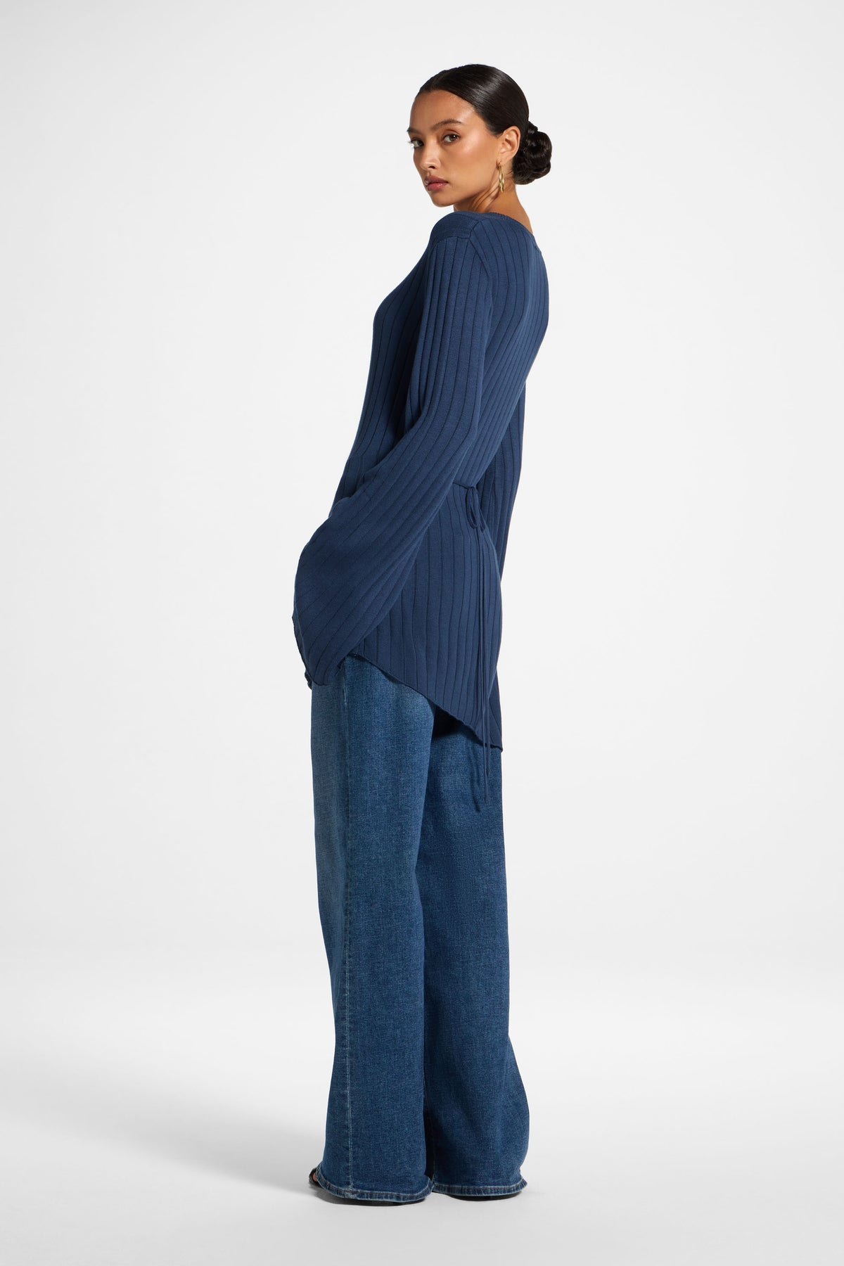 Viscose Rib Knit Tie Back Top - Deep Denim