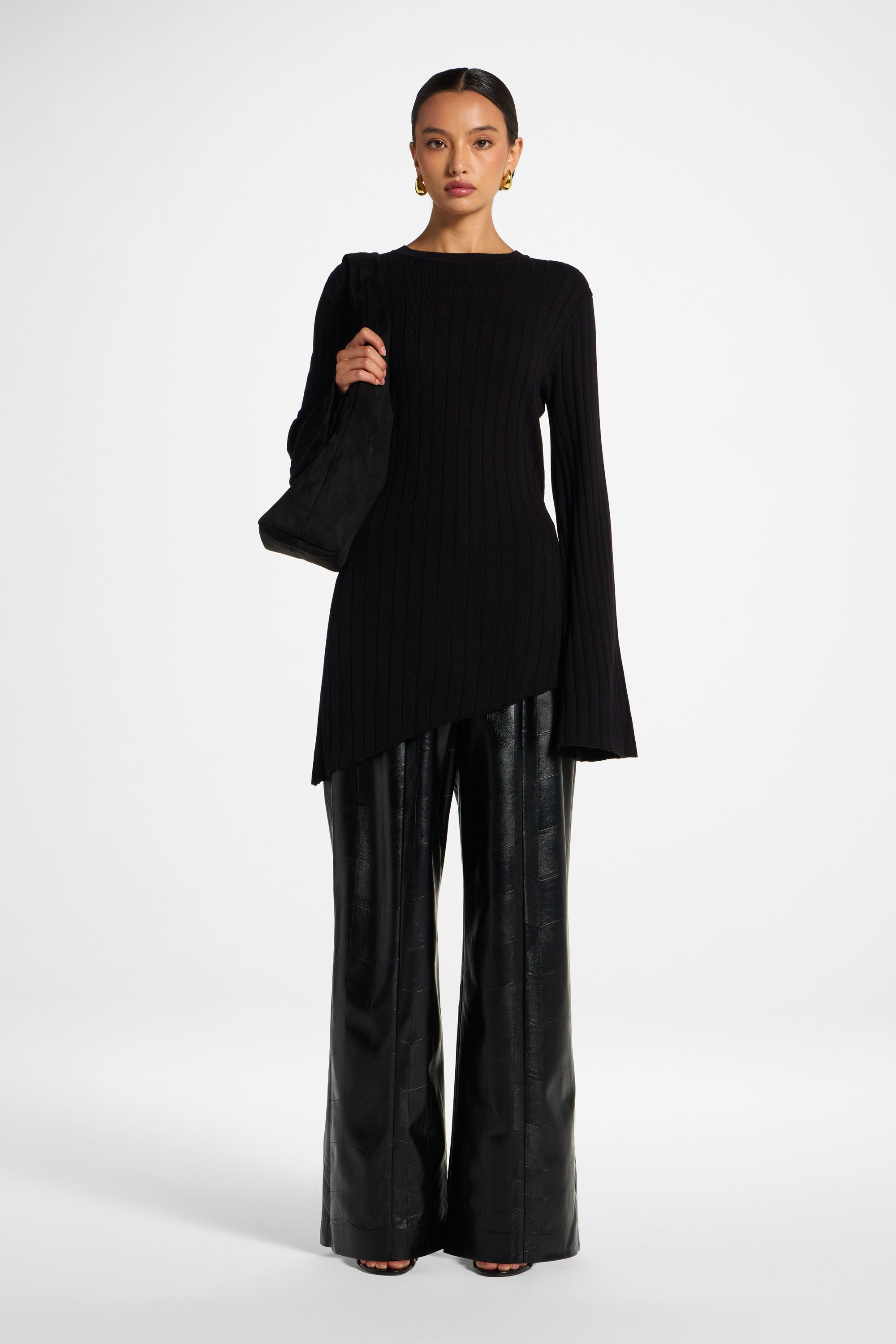 Viscose Rib Knit Tie Back Top - Black
