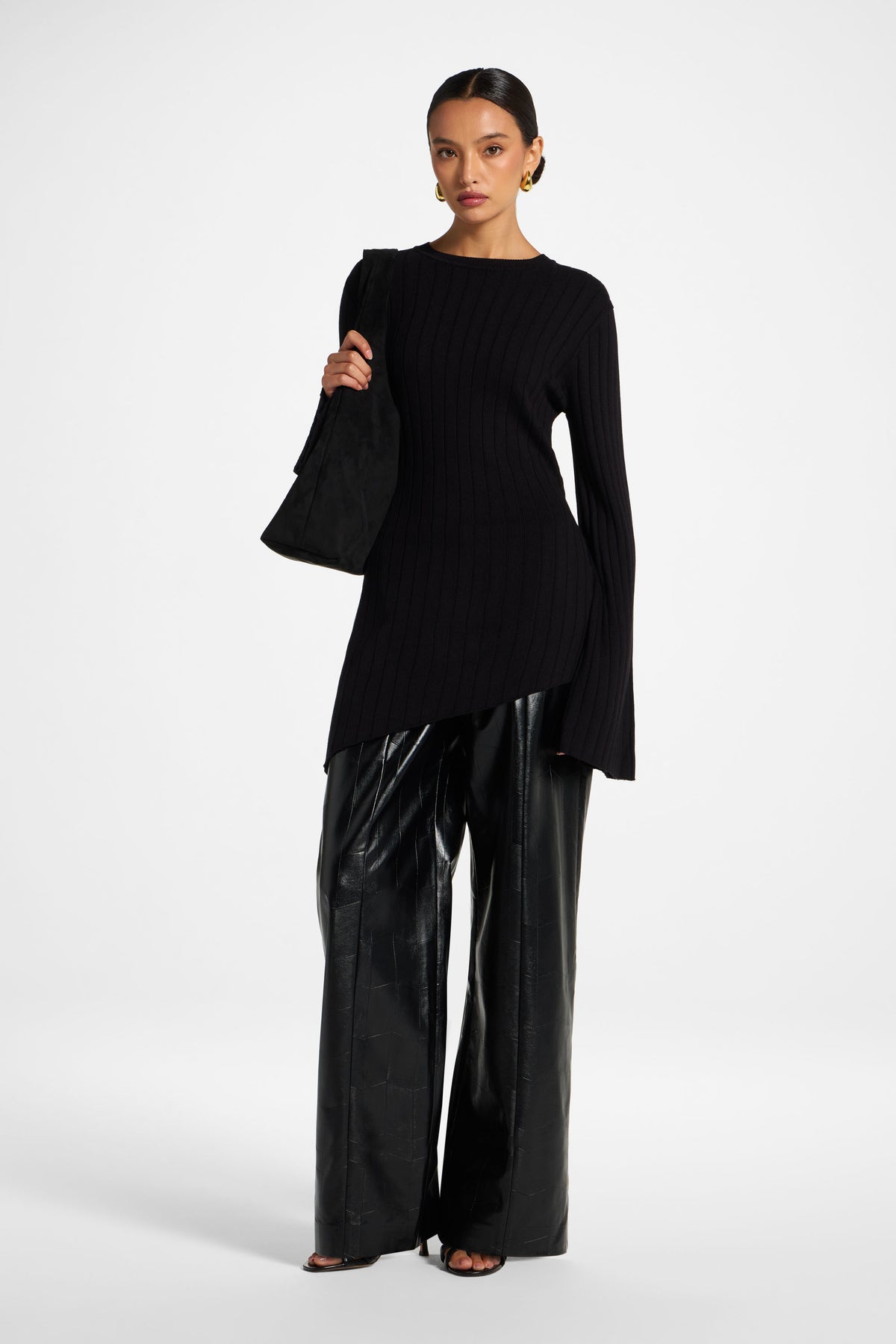 Viscose Rib Knit Tie Back Top - Black